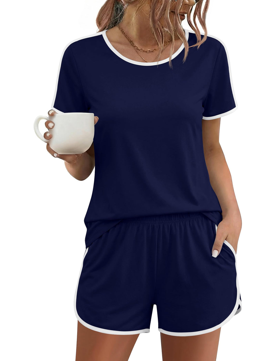 Ekouaer Womens Pajama Sets Short Sleeve Sleepwear Soft Pjs Sets Round Neck Summer 2 Piece Lounge Set with Pockets S-XXL