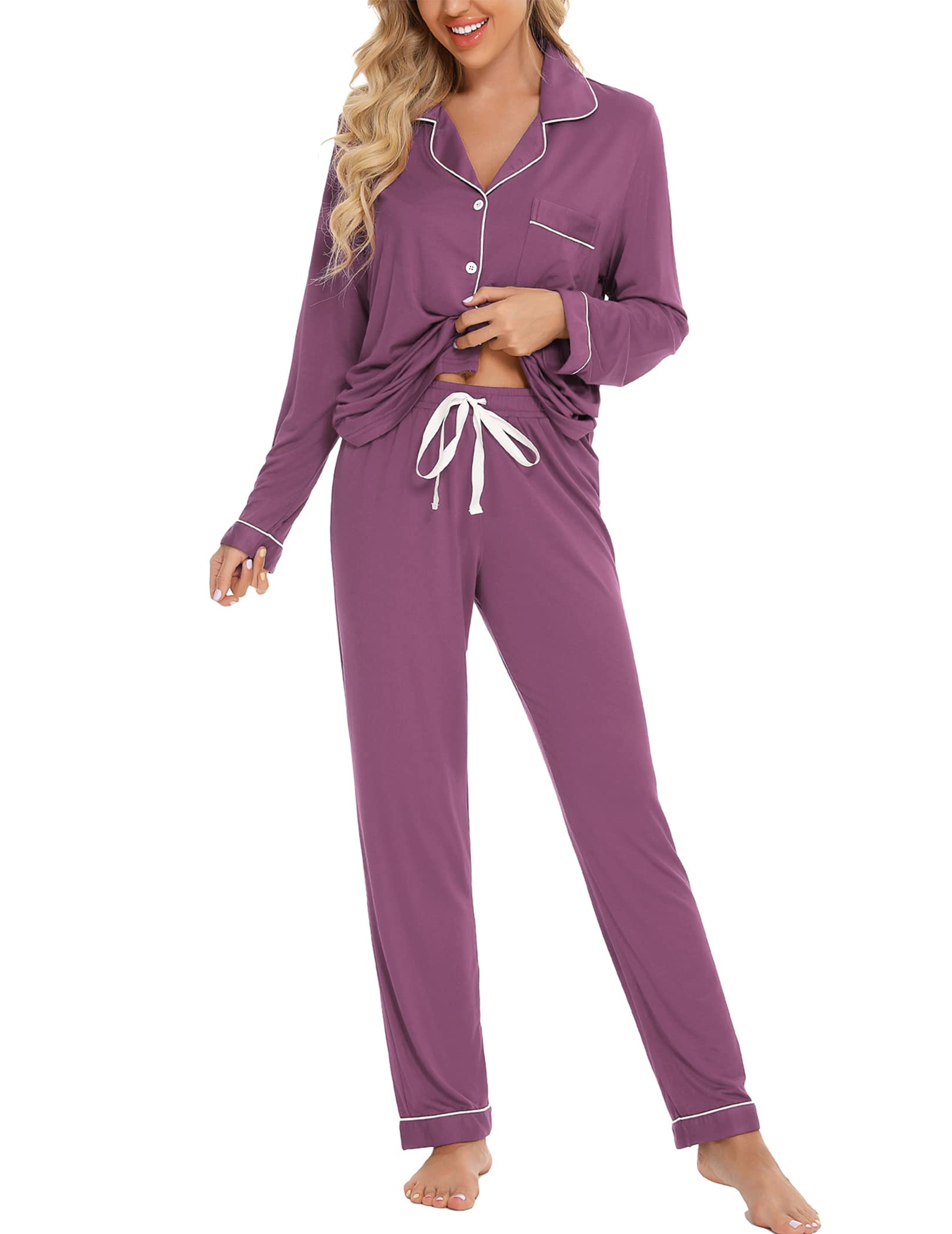 Samring Pajamas Women's Long Sleeve Sleepwear Button Down Pj Sets Soft Loungewear Pajama Set for Women S-XXL