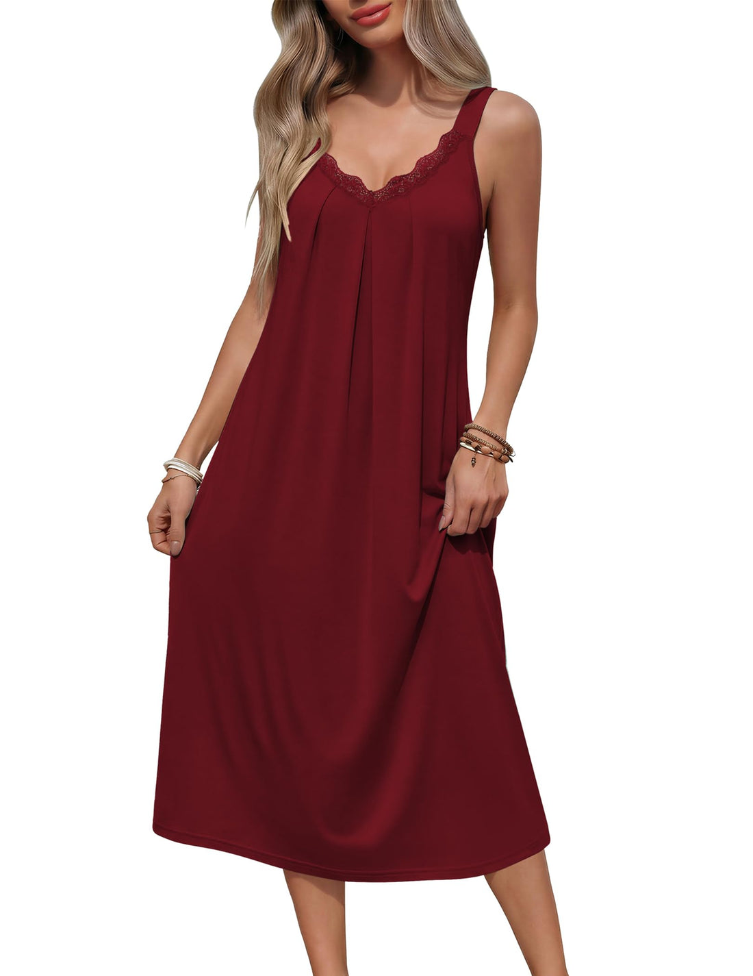 Ekouaer Sleeveless Nightgowns for Women Lace V-neck Long Nightdress Wide Strap Sleepwear Soft Lounge Dresses WEBE CLOTHING