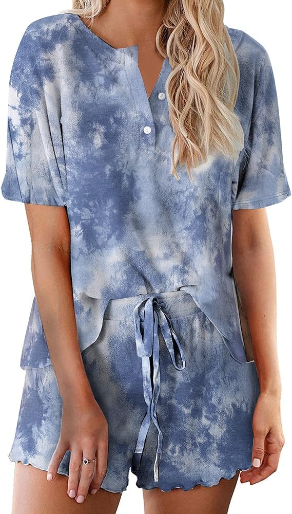 Ekouaer Pajamas Set for Women Short Sleeve Lounge Set 2 Piece Loungewear PJs Soft Cute Lightweight Sleepwear WEBE CLOTHING