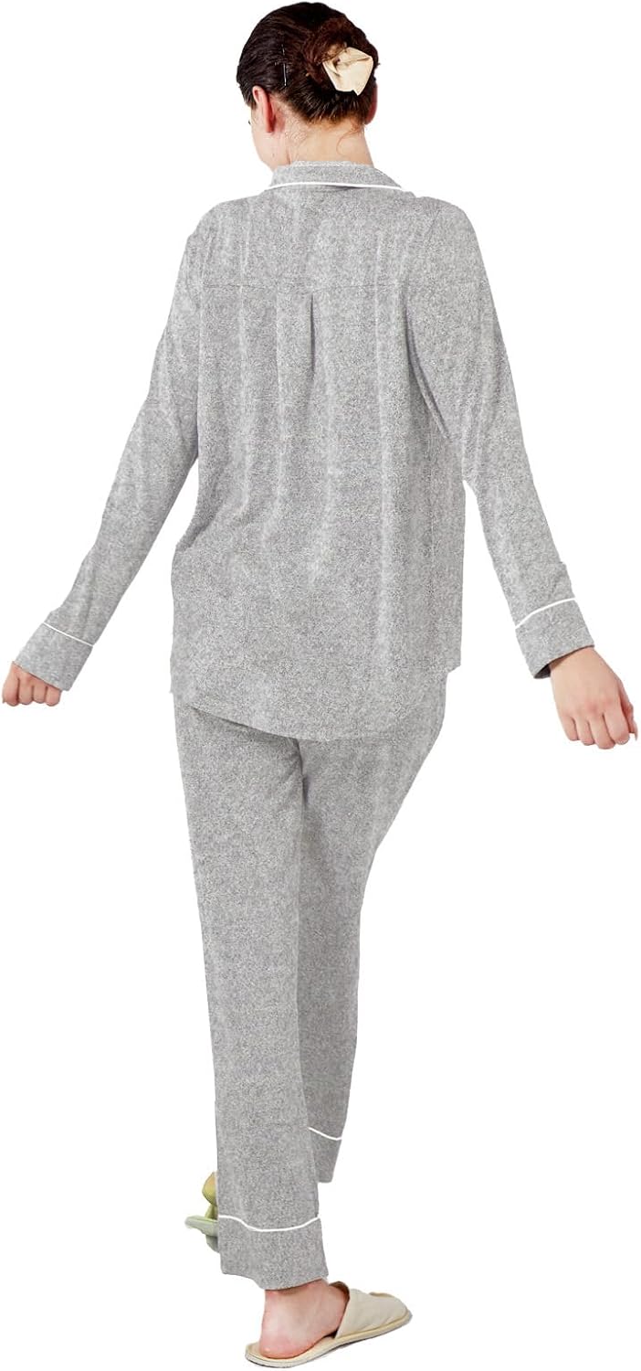 Women's Pajama Set Long Sleeve Button Down Fashion ladies Sleepwear soft Pjs knitted Loungewear Set (Large, Light-Gray)