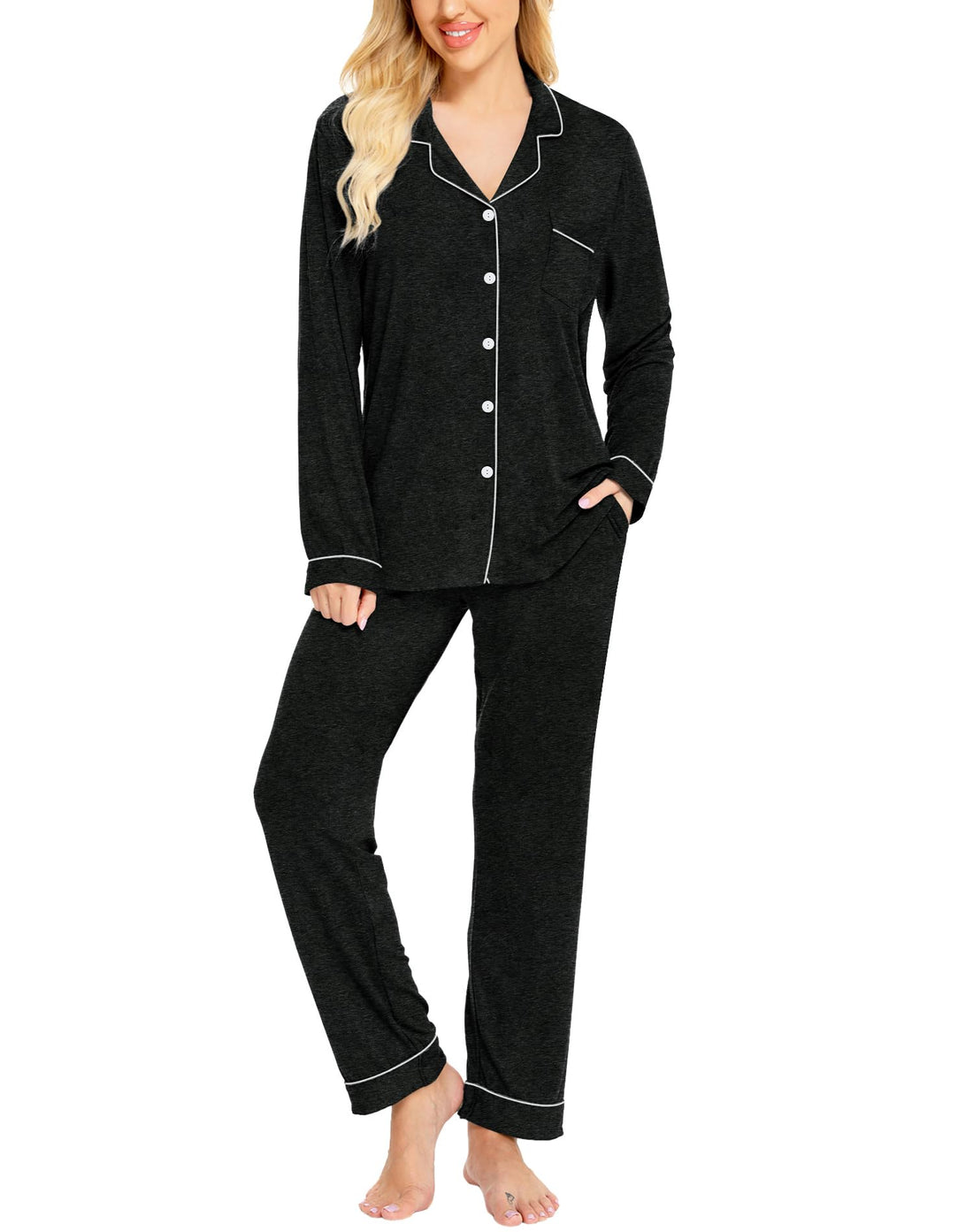 SWOMOG Womens Pajamas Set Long Sleeve Sleepwear Button Down Nightwear Soft Cotton Pj Lounge Sets