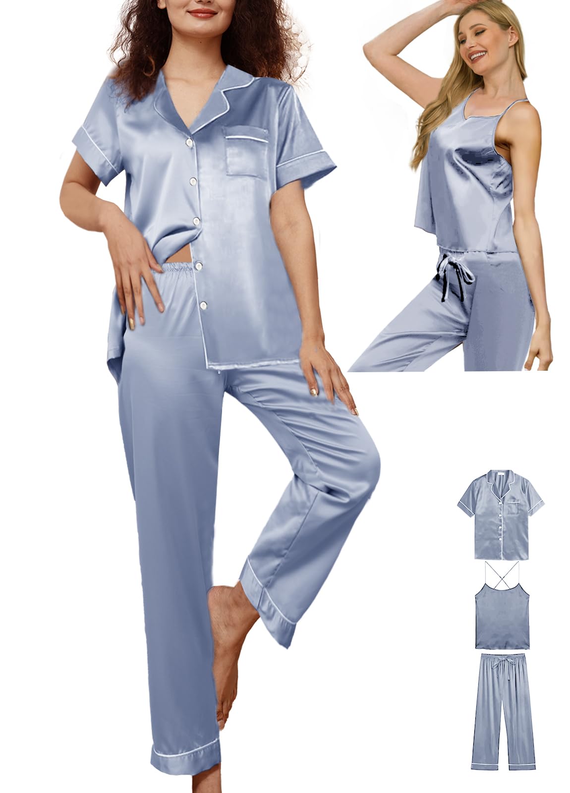 3Pcs Womens Satin Pajamas Set Silk Pj Sets Sexy Camisole Tops And Pants Silky Pajama XS-4XL Pjs Sleepwear WEBE CLOTHING