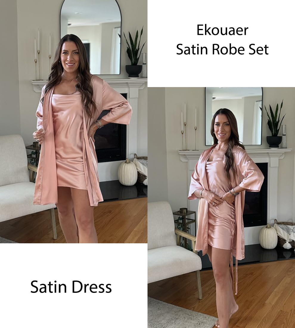 Ekouaer Women's Satin Robe Set Nightgown with Robes Silk Pajama Set 2 Pieces Lingerie Cowl Neck Cami Sleepwear Sets WEBE CLOTHING