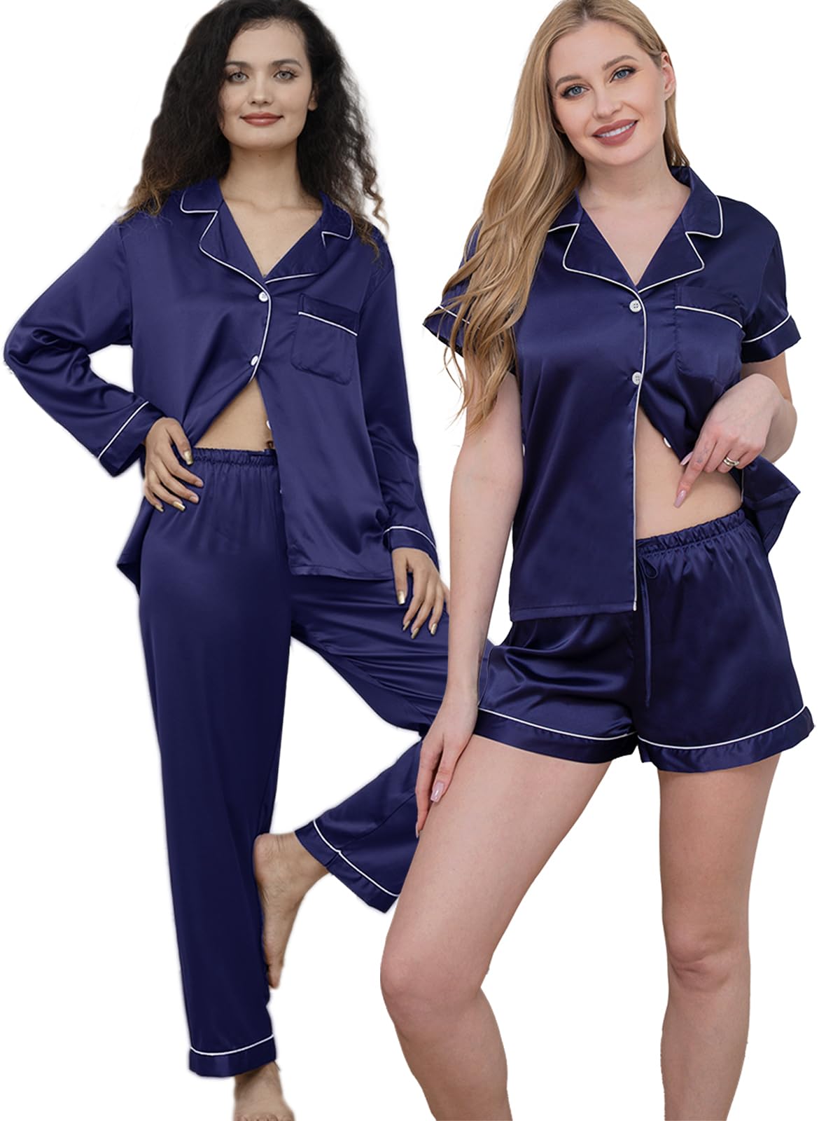 5Pcs Womens Satin Pajamas Set Silk Pajama Pjs XS-2XL Silky Pj Sets Button Down Sleepwear Nightwear Loungewear
