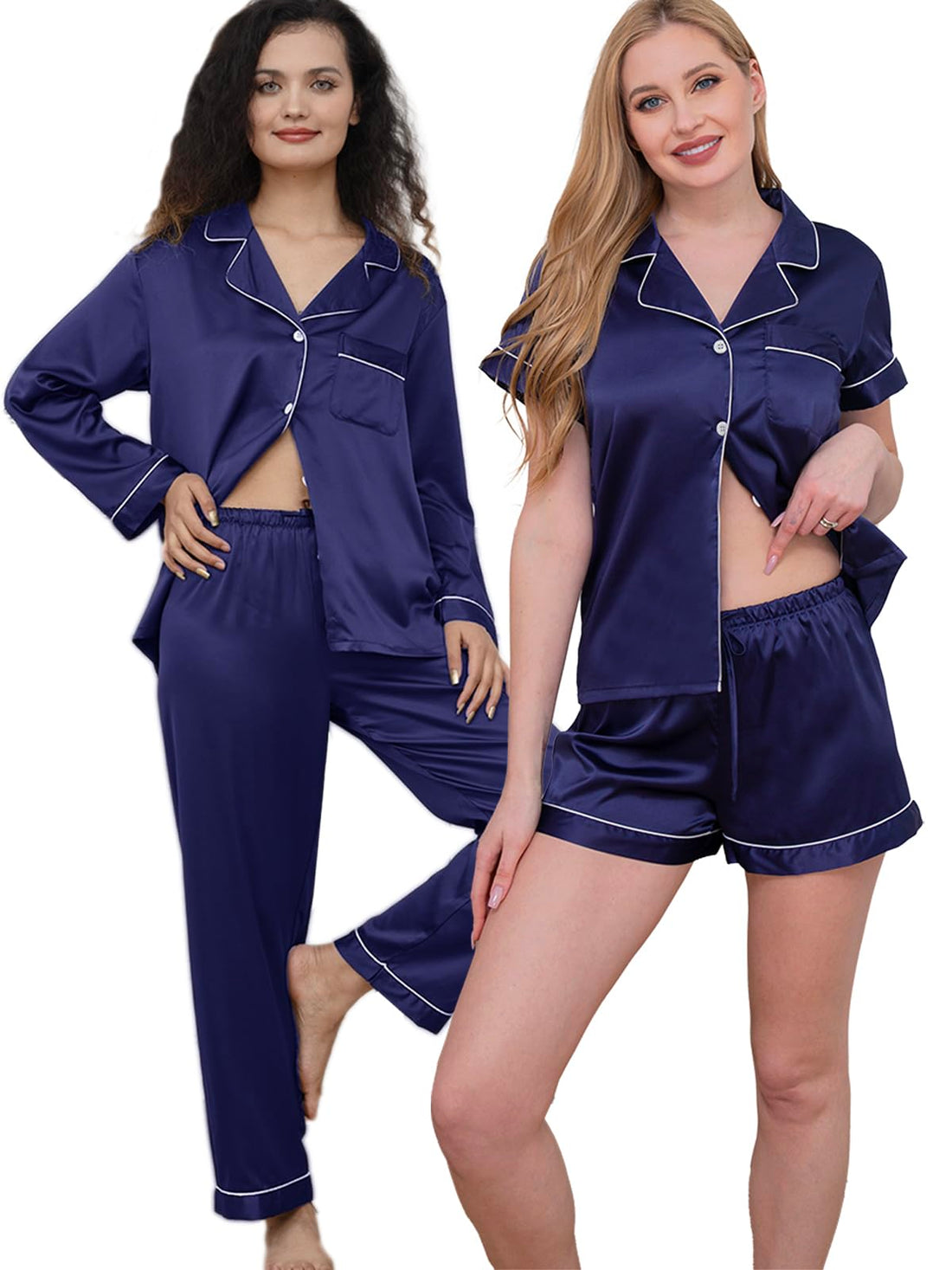 5Pcs Womens Satin Pajamas Set Silk Pajama Pjs XS-2XL Silky Pj Sets Button Down Sleepwear Nightwear Loungewear