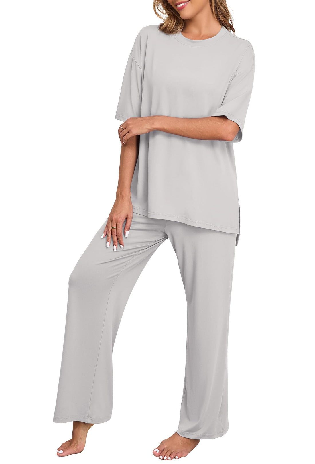 PrinStory Womens Pajamas Sets 2 Piece Lounge Set Short Sleeve Tops and Long Pants Soft Pjs Loungewear with Pockets