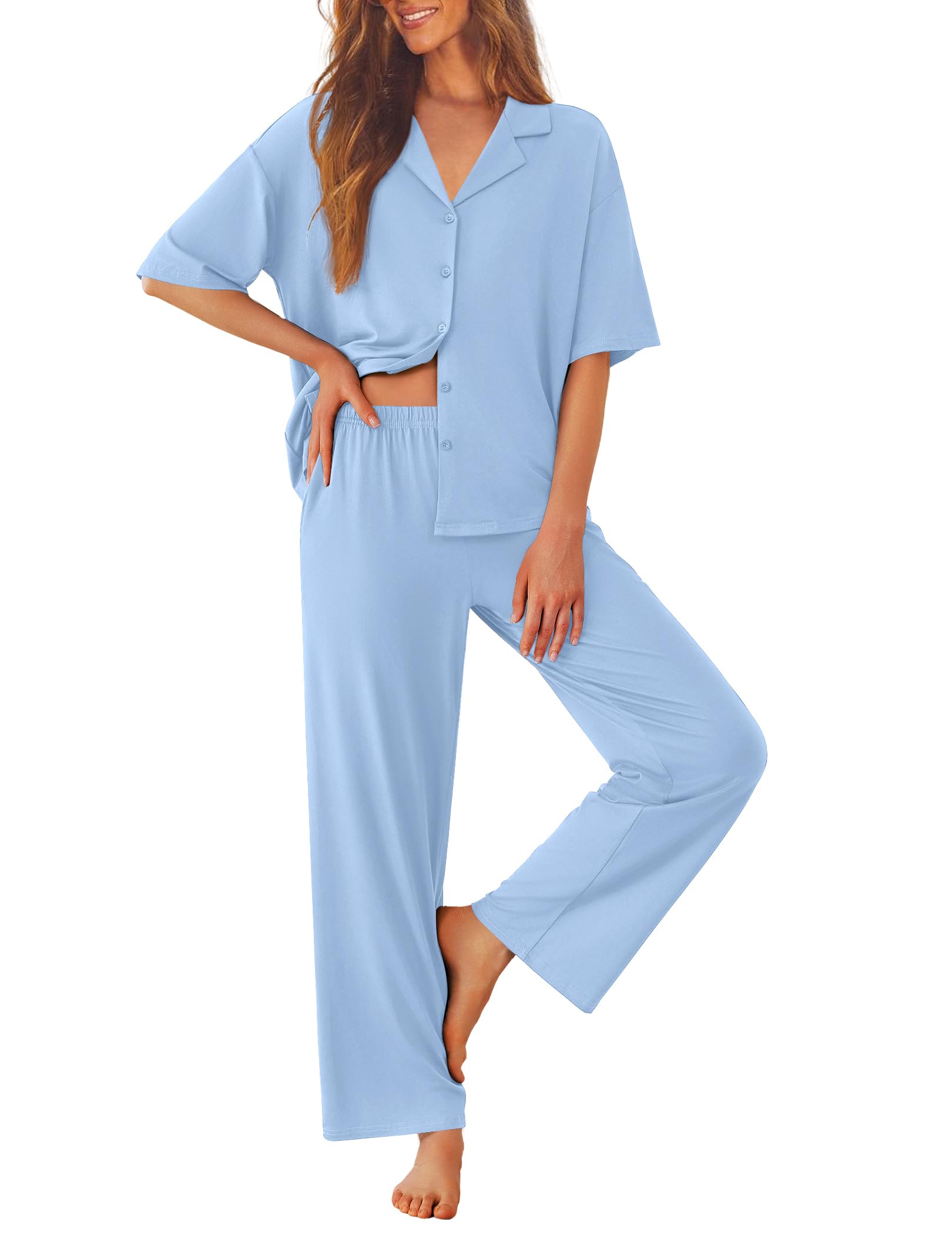 Ekouaer Women Pajamas Set Button Down Sleepwear Short Sleeve Pjs Soft Comfy Nightwear with Long Pants S-XXL