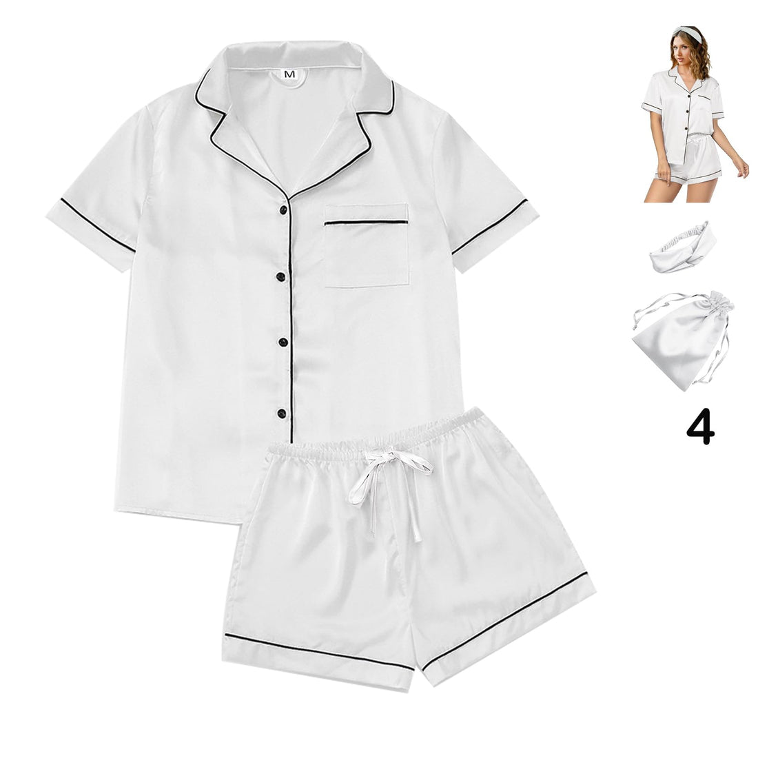 WJing Yi Jia 4Pcs Womens Satin Silky Pajama Sets Short Sleeve Shirt XS-4XL Floral Pajamas Set Soft PJ Loungewear Sleepwear