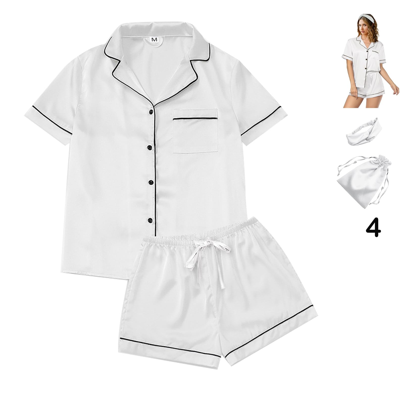 WJing Yi Jia 4Pcs Womens Satin Silky Pajama Sets Short Sleeve Shirt XS-4XL Floral Pajamas Set Soft PJ Loungewear Sleepwear