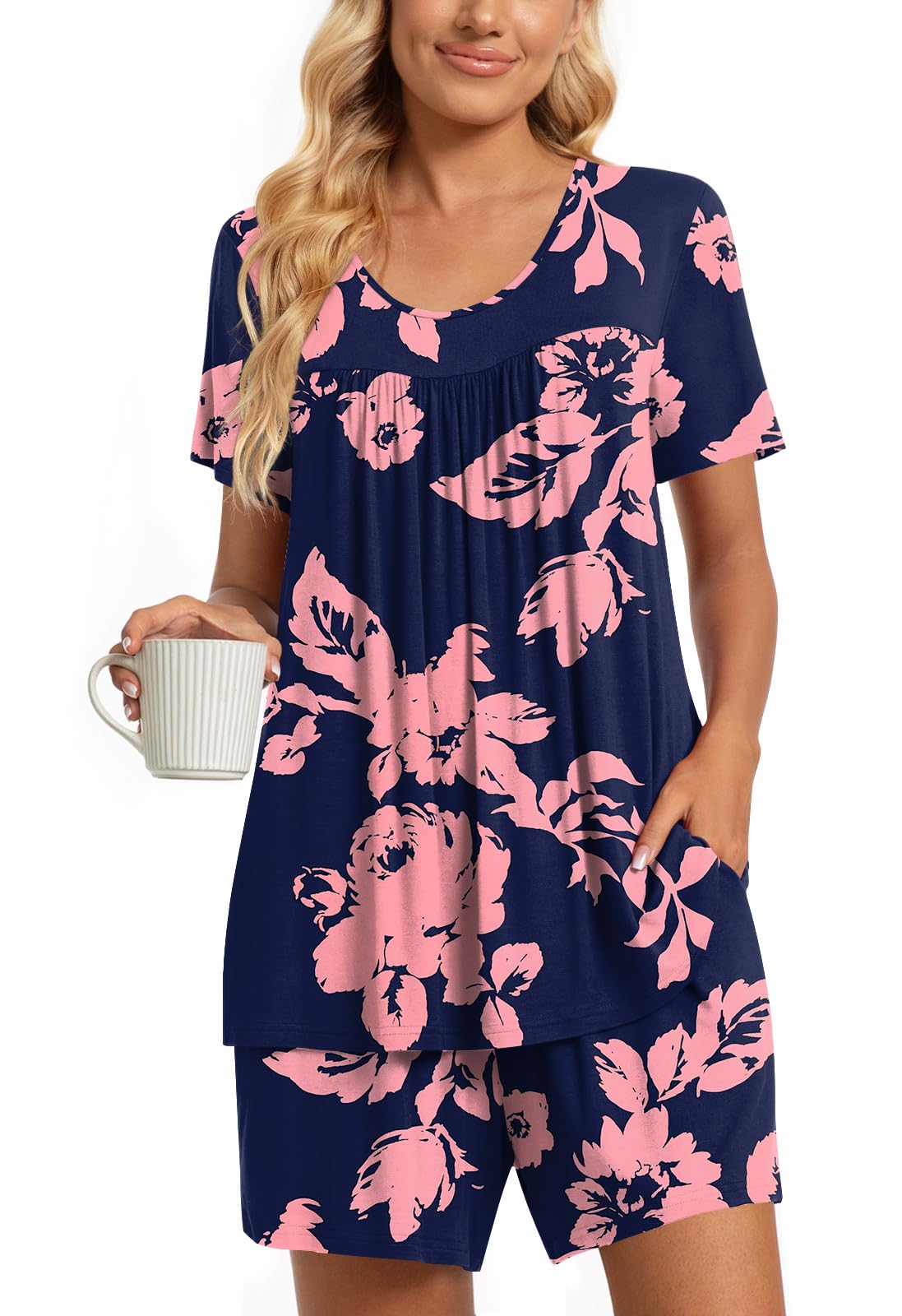 TAOHUADAO 2 Piece Women's Short Sleeve Pajama Sets, Lounge Sleepwear Ladies Pjs Sets with Pockets