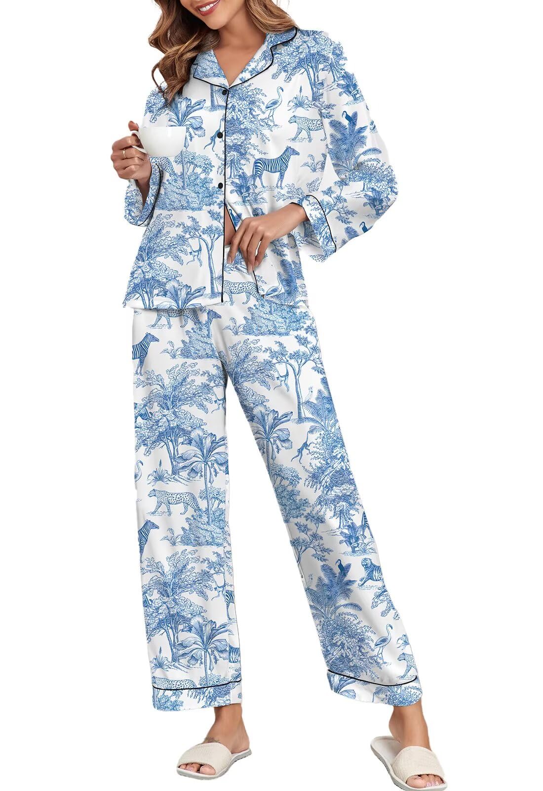Brosloth Women's Silk Satin Pajamas Long Sleeve Button Up Loungewear Set | Button Down Animal Print Pajamas, Ladies Fancy Pajama sets, Two Piece Lounge Set, Notch Collar Lightweight Sleepwear, Gift WEBE CLOTHING