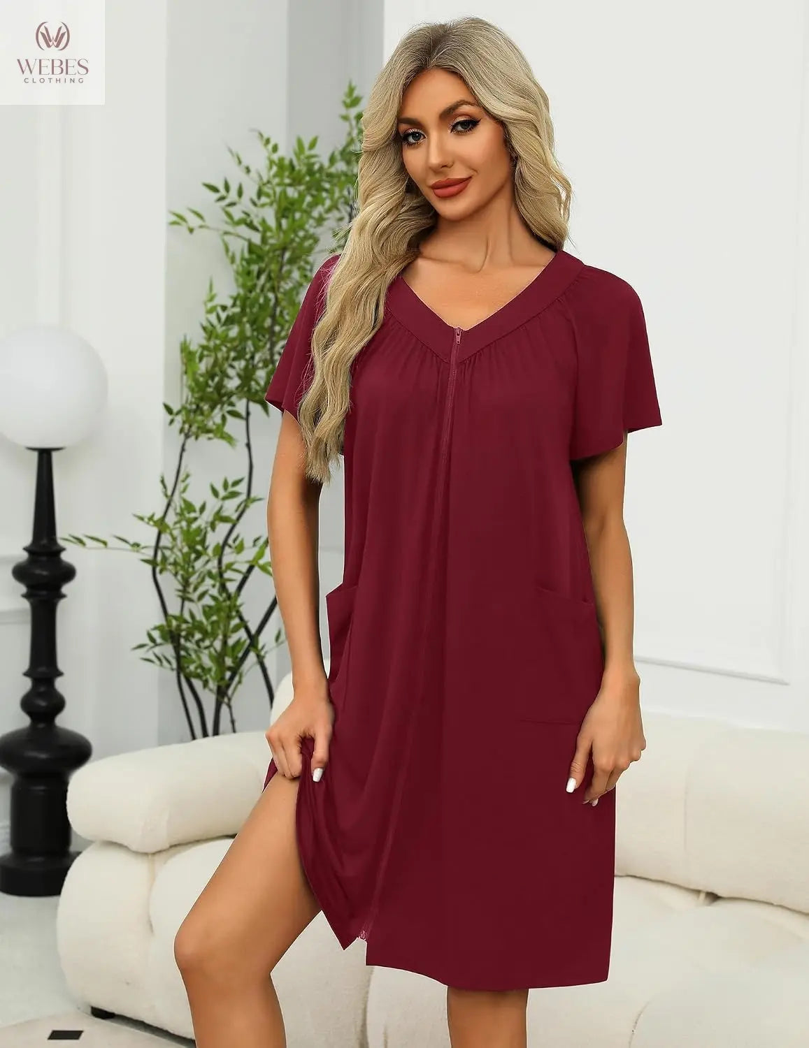 Ekouaer Women Robe Zipper Front Mumu Duster Robes Zip Up Housecoat Soft Sleepwear with Pockets WEBE CLOTHING
