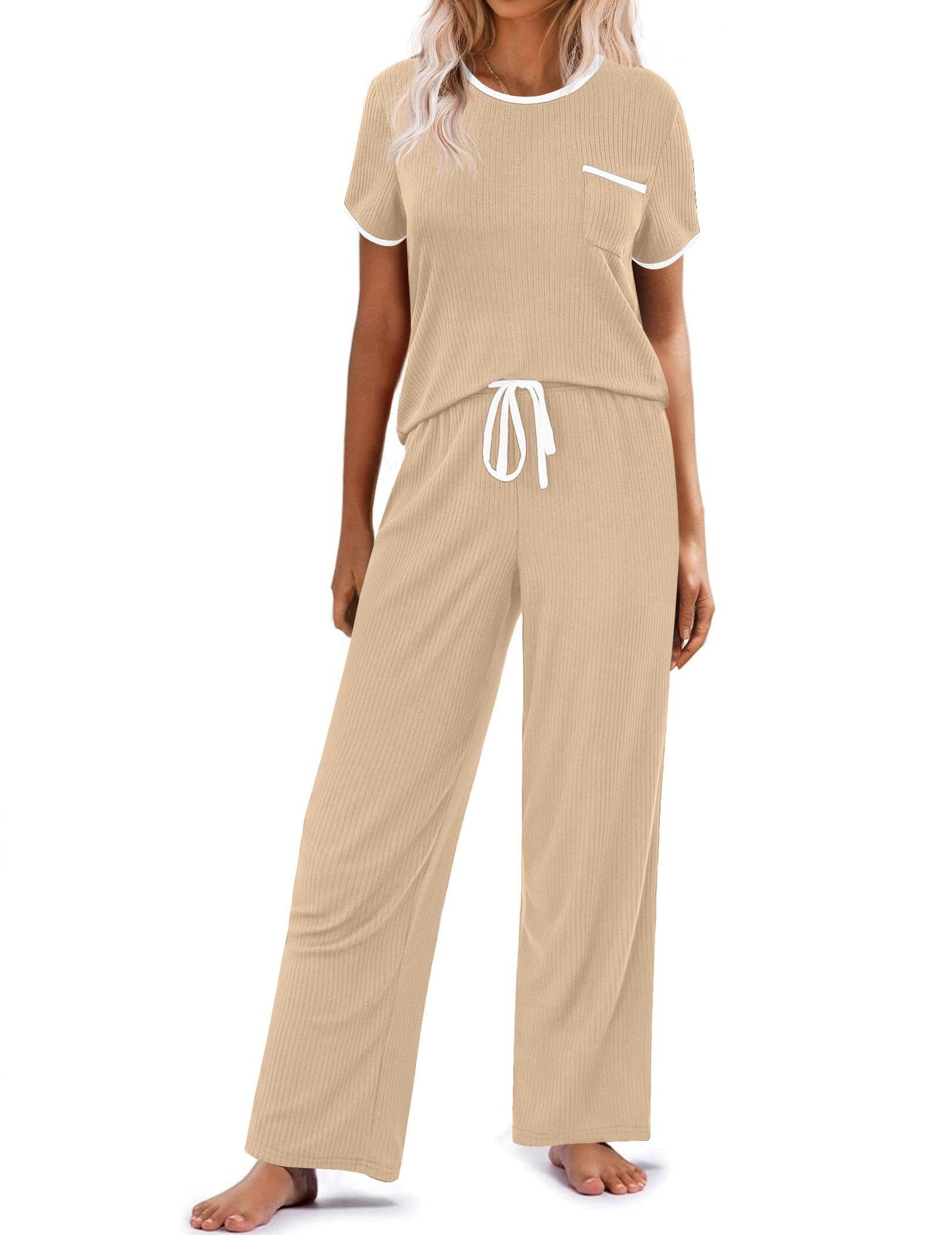 Ekouaer Women Lounge Pajamas Sets Ribbed Knit PJ Short Sleeve and Long Pajama Pant Soft 2 Piece Sleepwear Loungwear Set