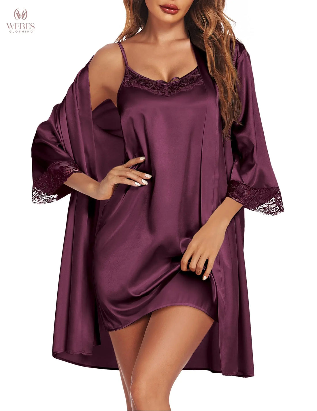 Ekouaer Sleepwear Women's Satin Nightgown with Robes Set 2 Piece Sexy Lace Cami Nightwear WEBE CLOTHING