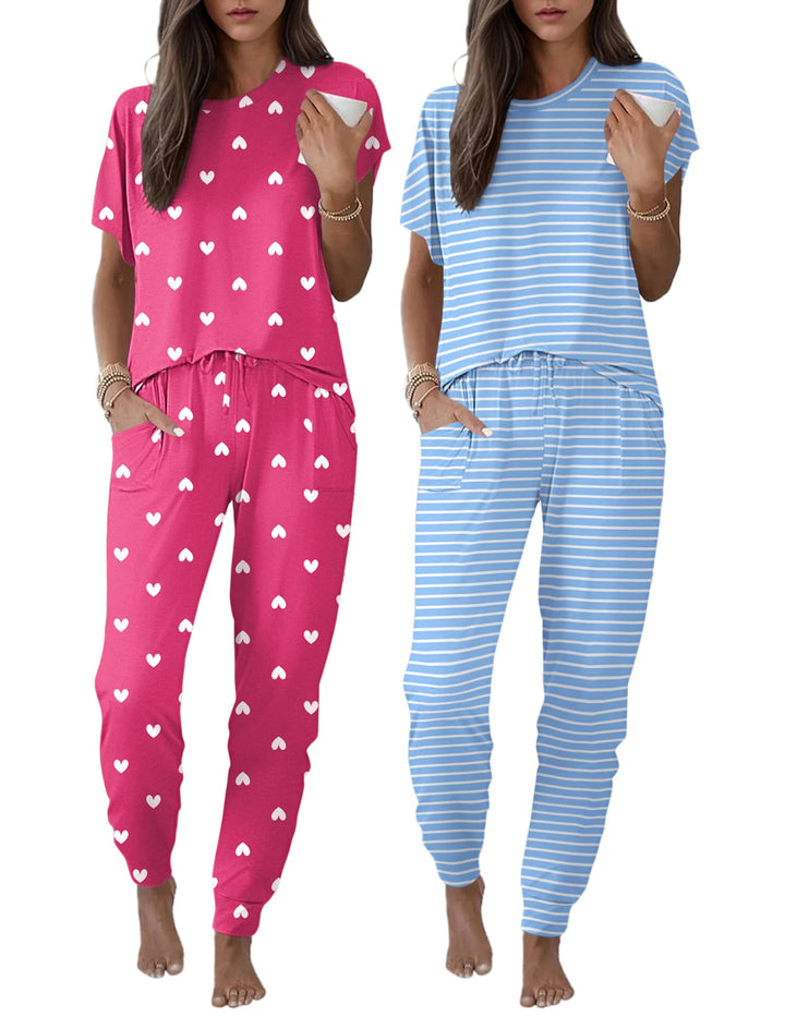 Ekouaer 2 pack Pajama Sets for Womens Jogger Pants Pjs Short Sleeves Lounge Set Soft Sleepwear with Pockets