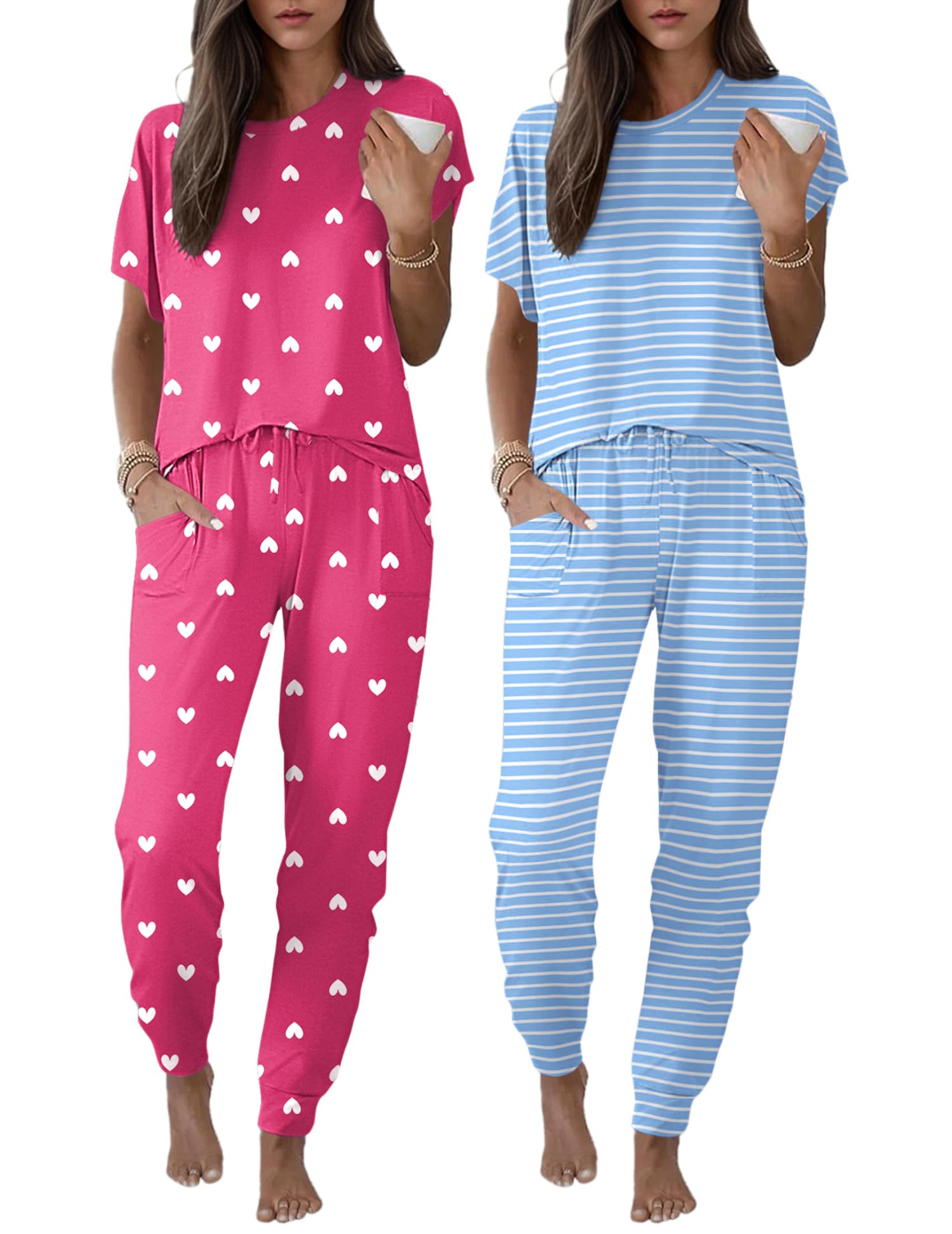 Ekouaer 2 pack Pajama Sets for Womens Jogger Pants Pjs Short Sleeves Lounge Set Soft Sleepwear with Pockets