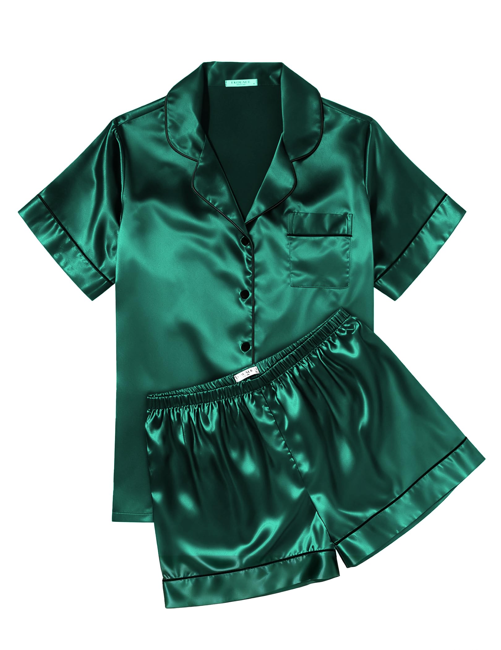 Ekouaer Womens Silk Satin Pajama Sets Soft Short Sleeve Button Down Sleepwear Top and Shorts 2 Piece Pjs Lounge Set