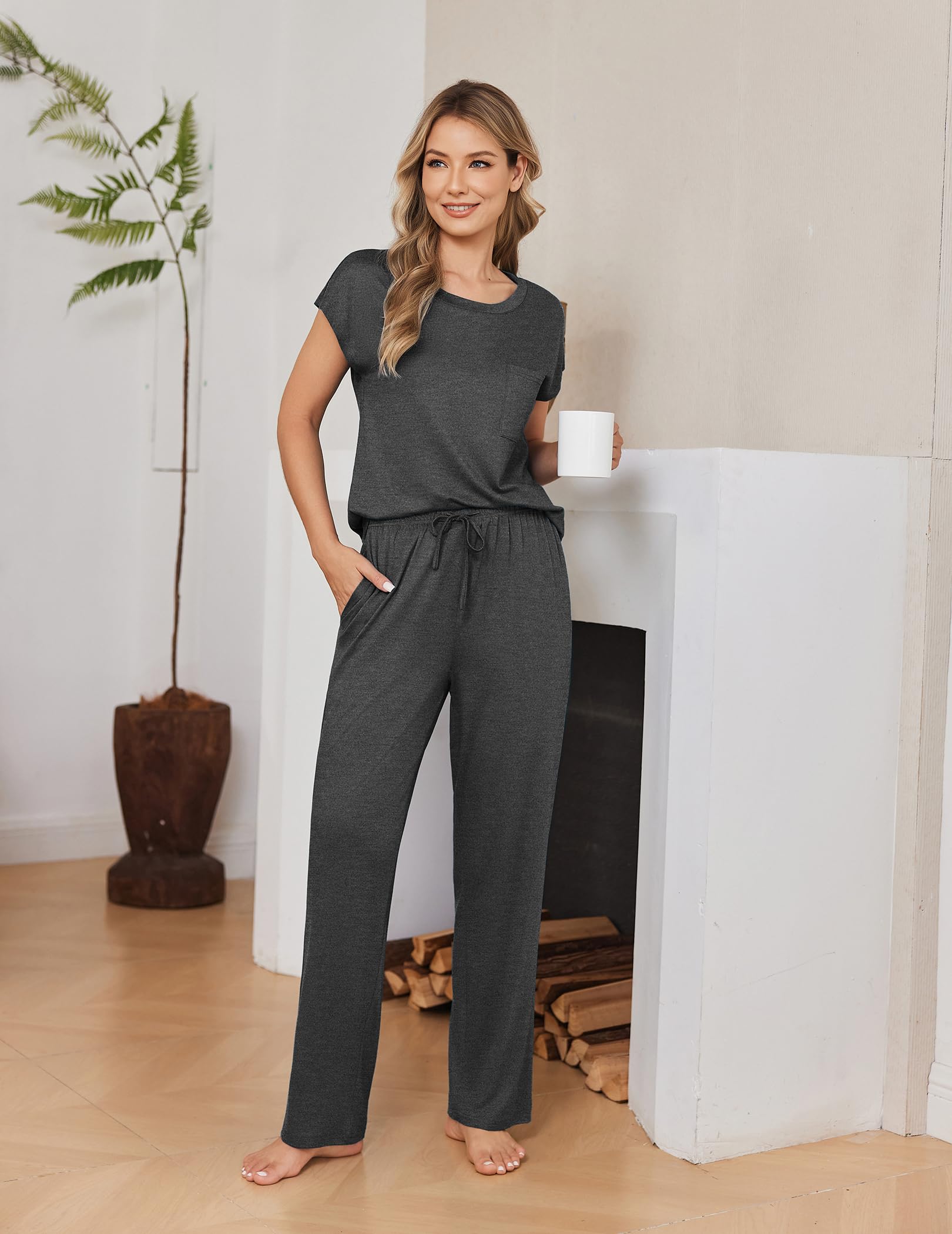 Ekouaer 2 Packs Pajamas for Women Set Cap Sleeve Top and Pants Soft Sleepwear Comfy Pjs Set with Pockets Loungewear