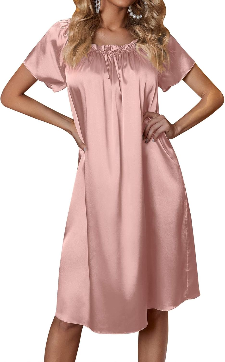Ekouaer Women's Satin Silk Pleated Nightgown Loose Sleepwear Printed Nightshirt Short Sleeve Sleep Dress WEBE CLOTHING