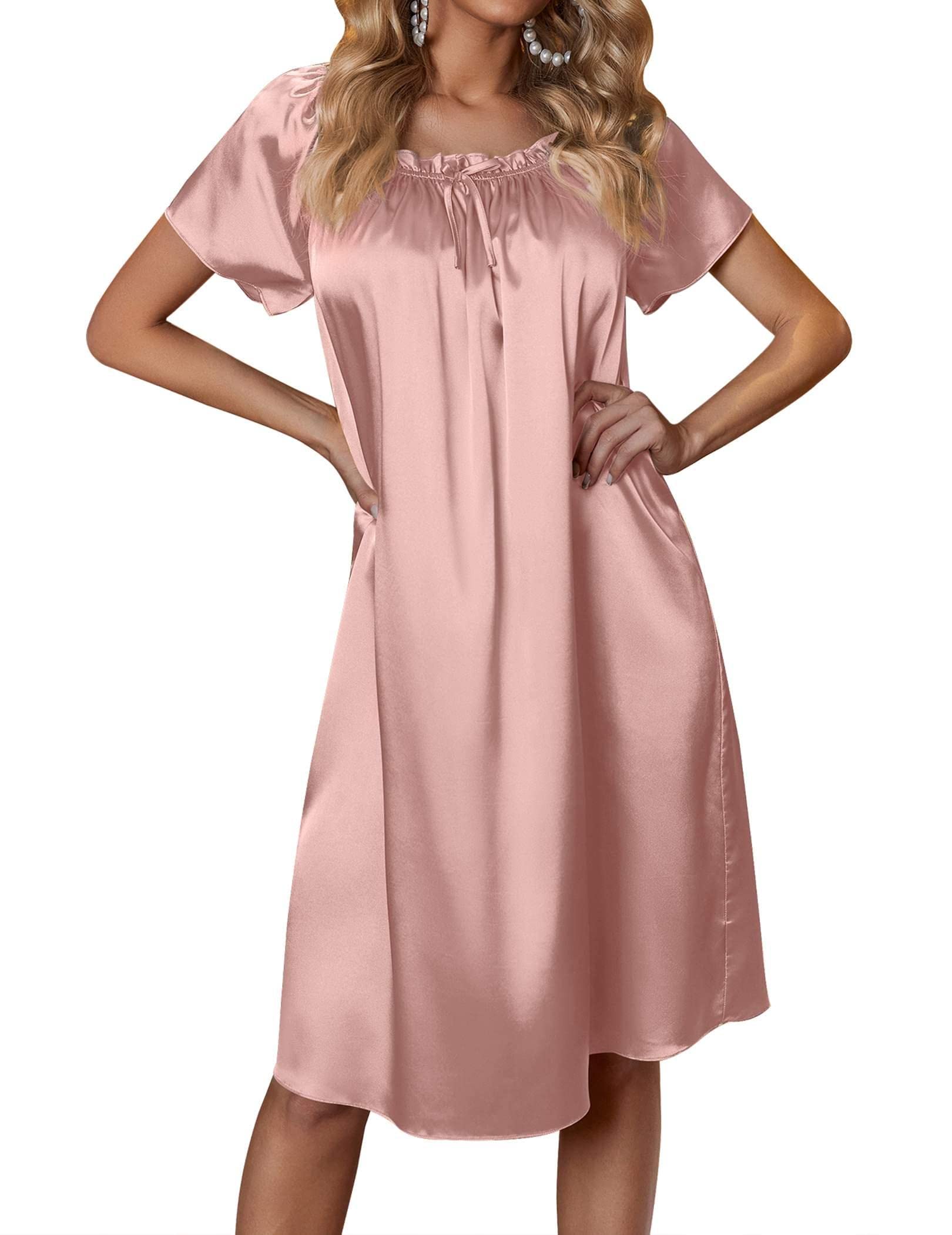 Ekouaer Women's Satin Silk Pleated Nightgown Loose Sleepwear Printed Nightshirt Short Sleeve Sleep Dress WEBE CLOTHING