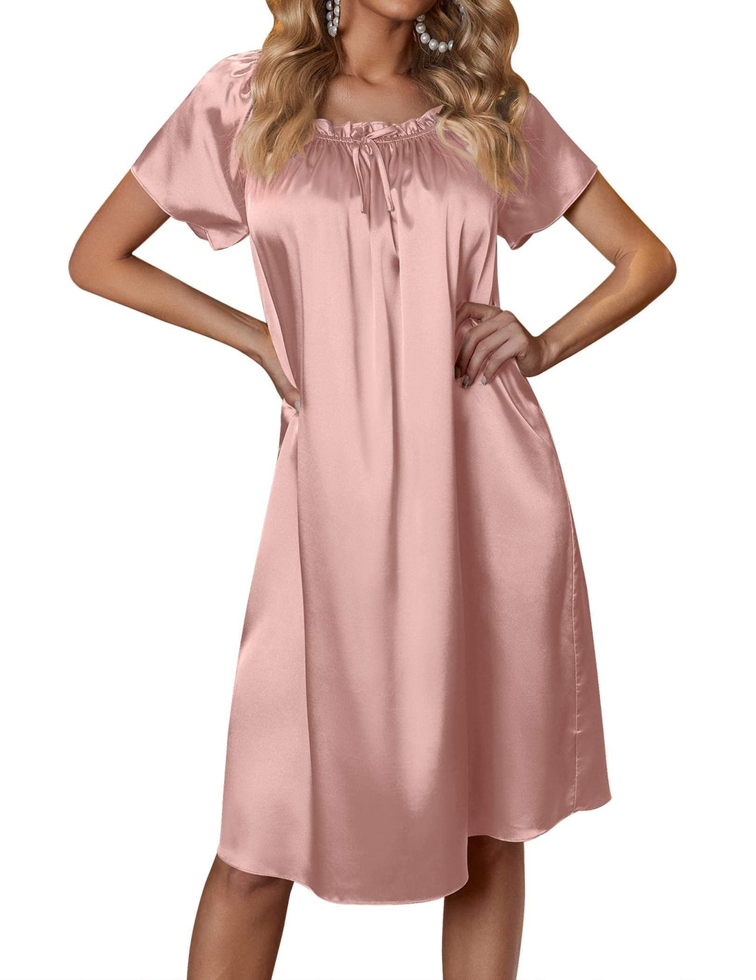 Ekouaer Women's Satin Silk Pleated Nightgown Loose Sleepwear Printed Nightshirt Short Sleeve Sleep Dress WEBE CLOTHING
