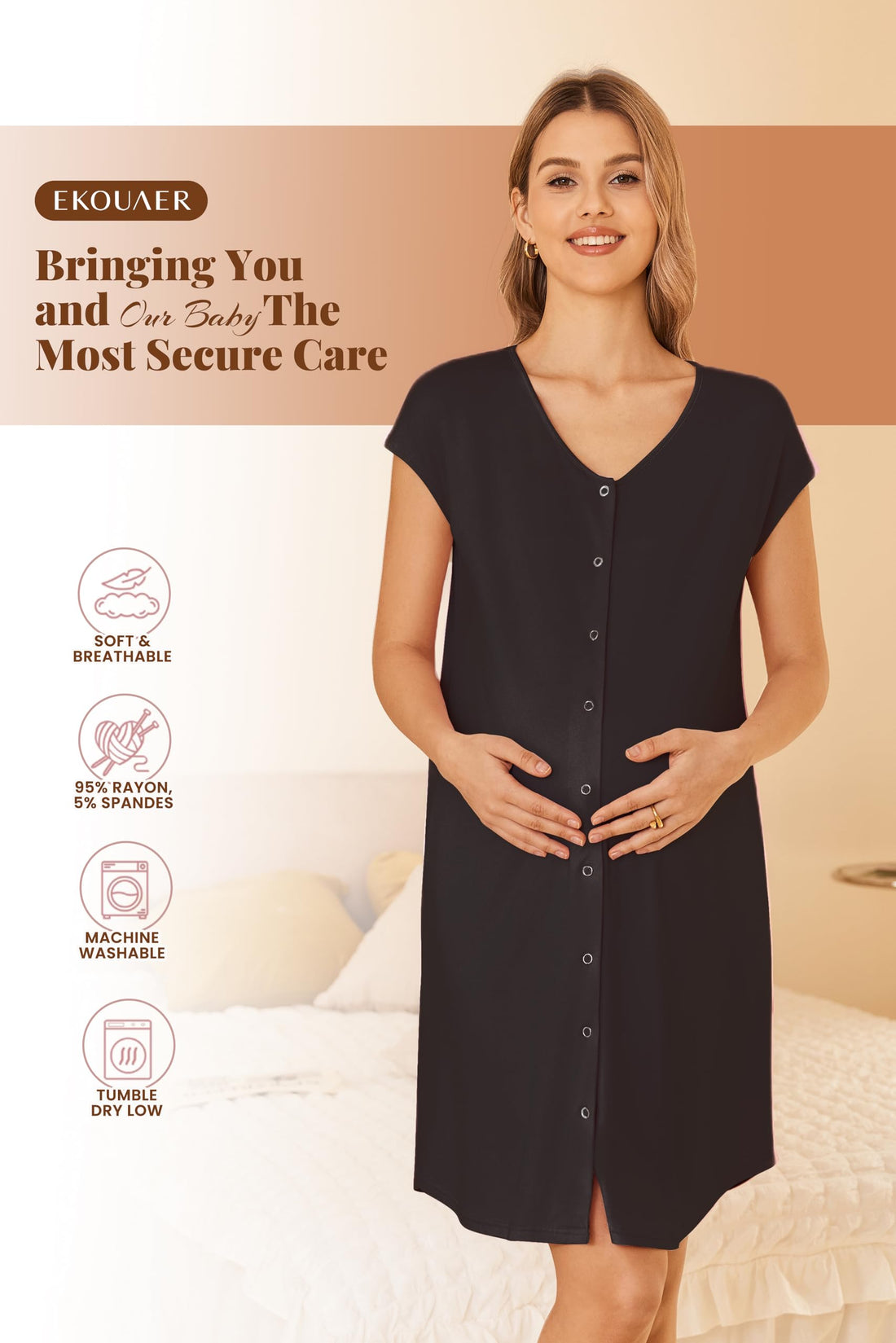 Ekouaer Labor and Delivery Gown for Hospital Birthing Gown Nursing Dress | Open Back Birthing Gown, Maternity Nursing Pajamas Dress Breastfeeding, Button C Section Postpartum Clothes