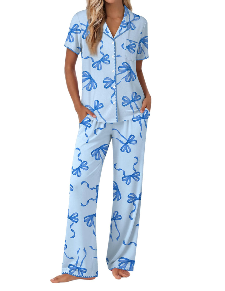 Ekouaer Pajamas for Women Set Button Up Soft Pjs Short Sleeve 2 Piece Lounge Sets Comfy Sleepwear