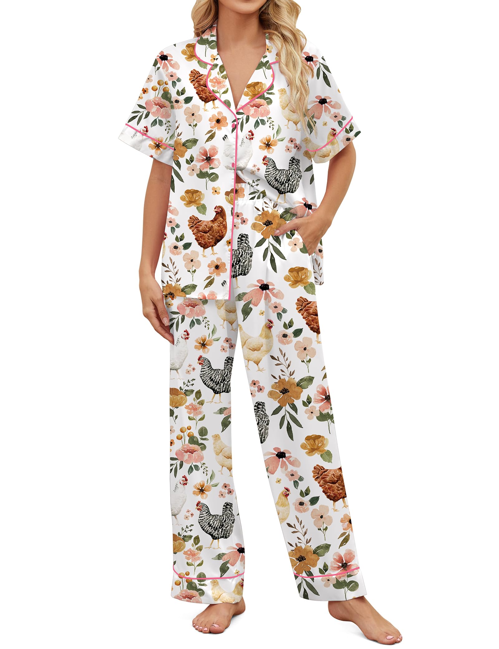 SHESHOW Satin Pajamas for Women Set Button Down Sleepwear Print Pjs Set 2 Piece Short Sleeve Long Loungewear Size XS-XXL WEBE CLOTHING