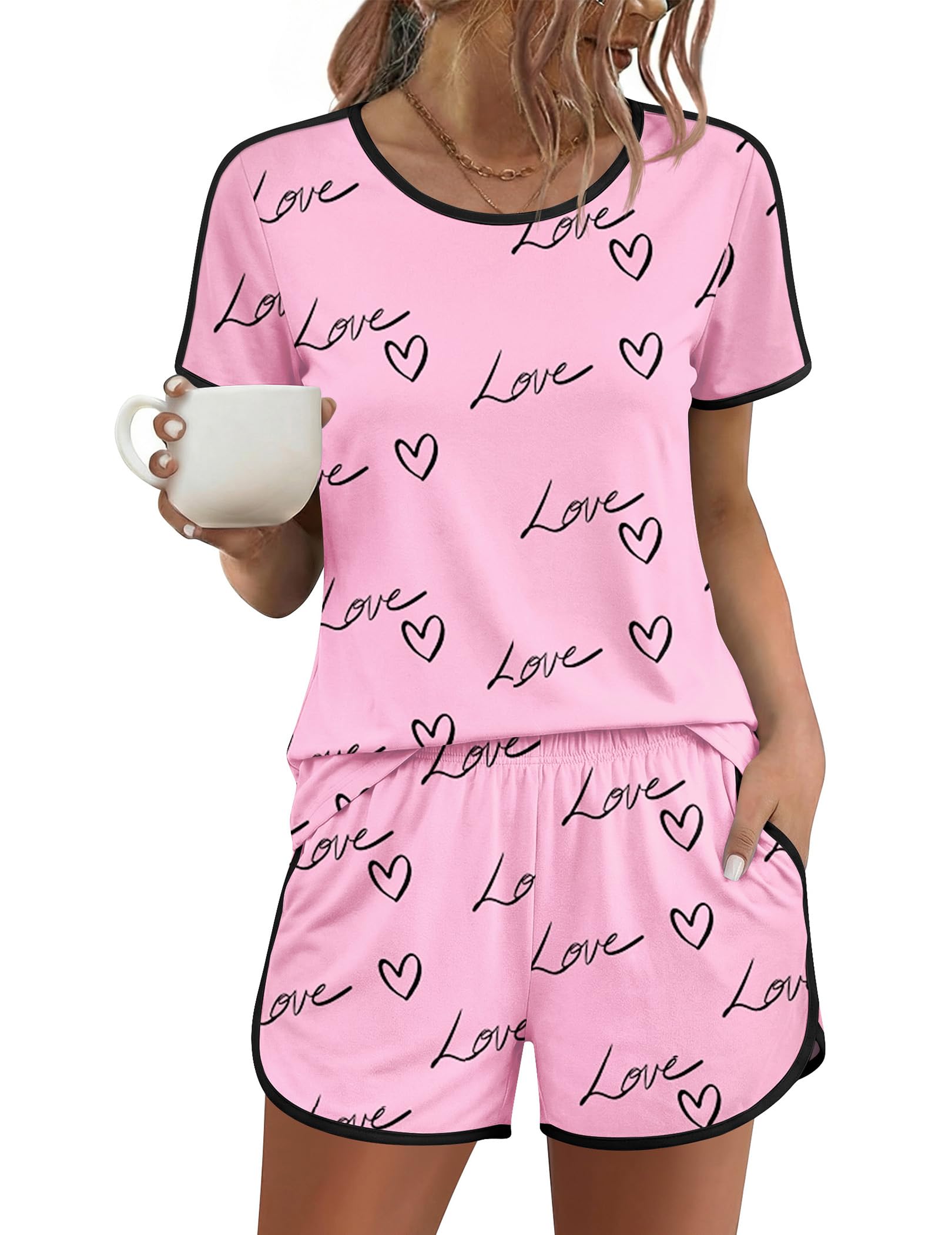 Ekouaer Womens Pajama Sets Short Sleeve Sleepwear Soft Pjs Sets Round Neck Summer 2 Piece Lounge Set with Pockets S-XXL