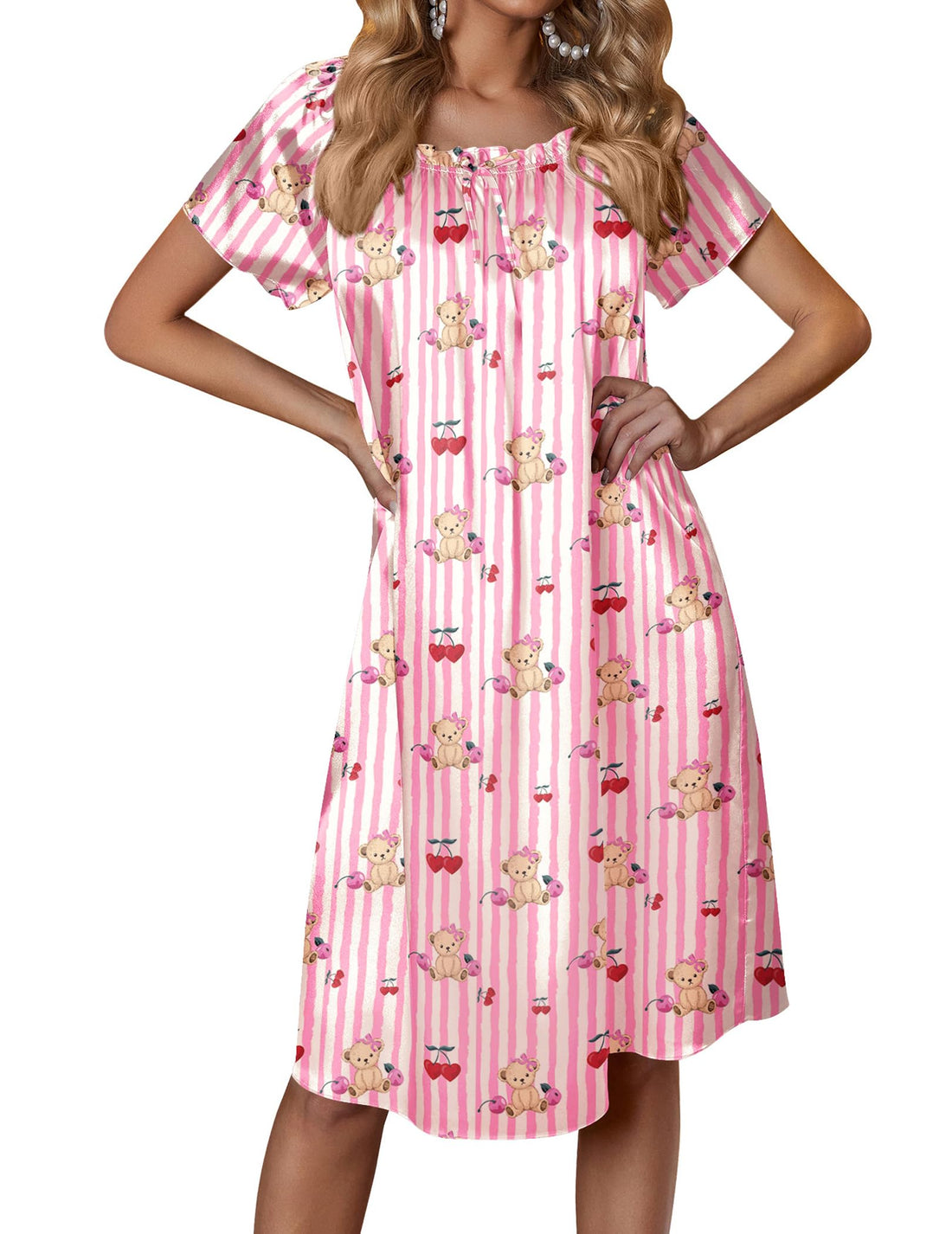 Ekouaer Women's Satin Silk Pleated Nightgown Loose Sleepwear Printed Nightshirt Short Sleeve Sleep Dress WEBE CLOTHING