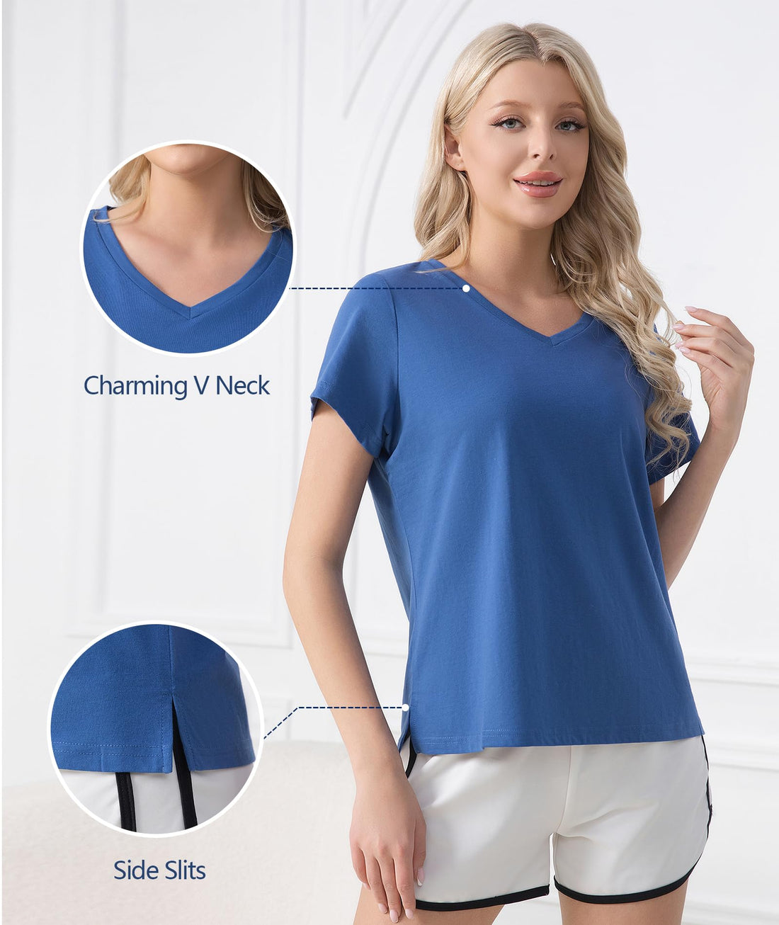 ENJOYNIGHT 2 Pack Womens Pajama Tops Cotton T-Shirt V-Neck Soft Sleep Pj Shirt Short Sleeves