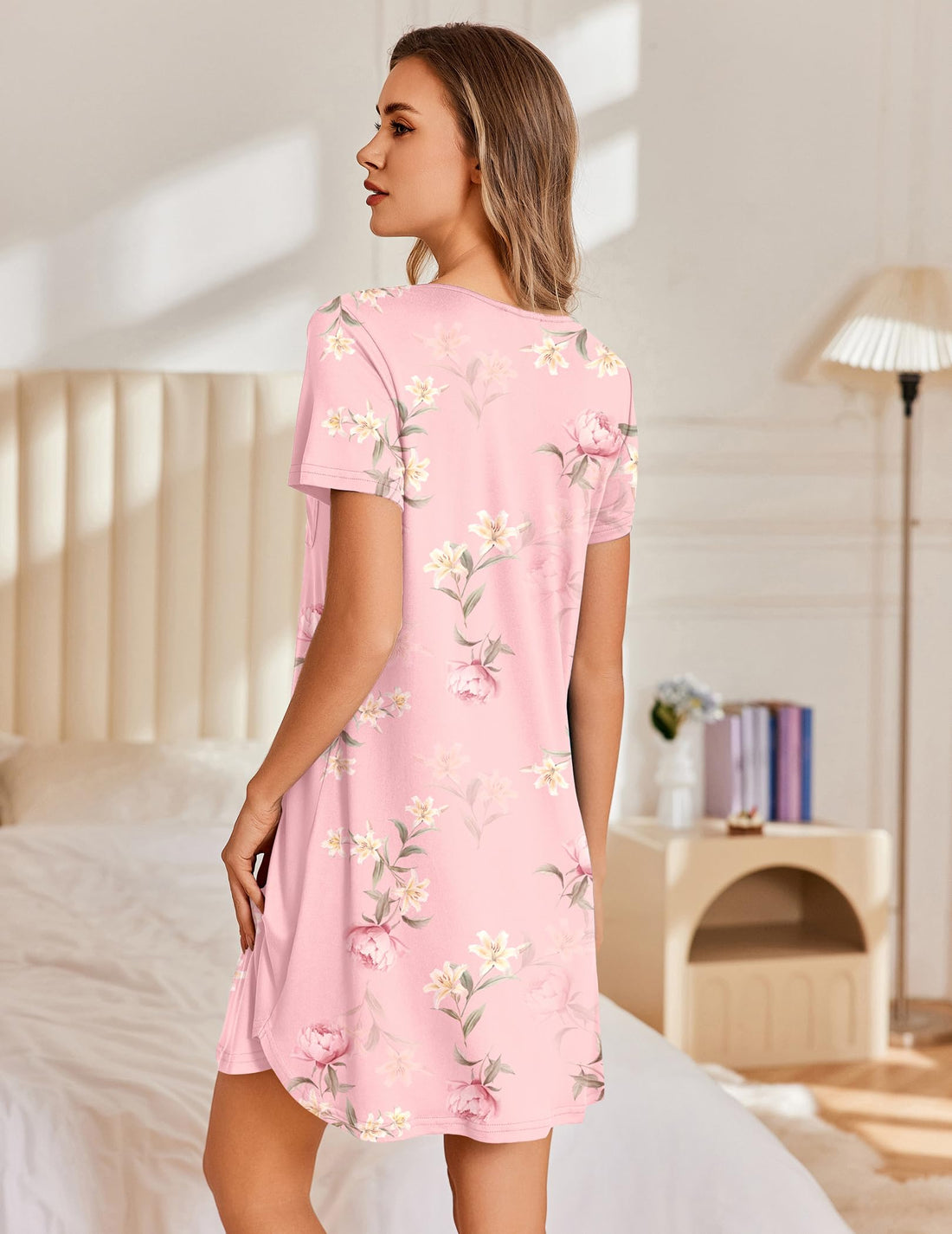 Ekouaer Nightgowns for Women Pleated Sleep Shirts Short Sleeve Night Shirts Lace Trim Night Gown Ladies Sleep Dress