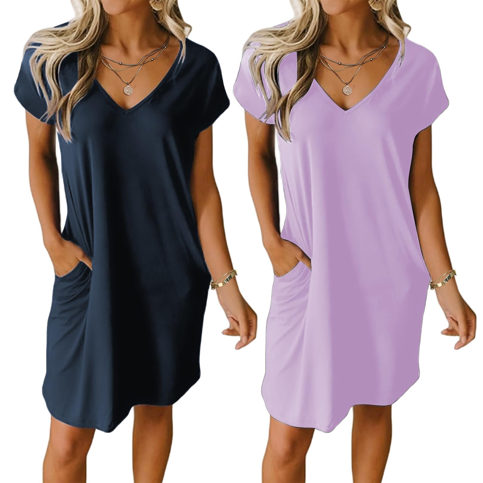 Ekouaer Womens 2 Pack Nightgown V Neck Sleepshirt Short Sleeve Nightshirt Plain/Floral Pajama Dress with Pockets