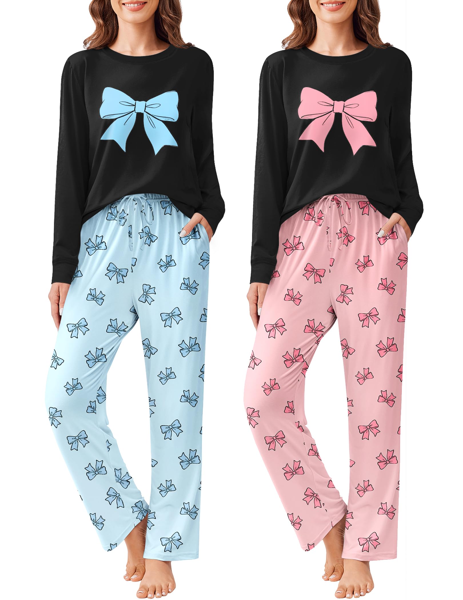 Ekouaer 2 Pack Women Pajama Long Sleeve Sleepwear Soft Loungewear Pjs Sets with Pockets S-XXL