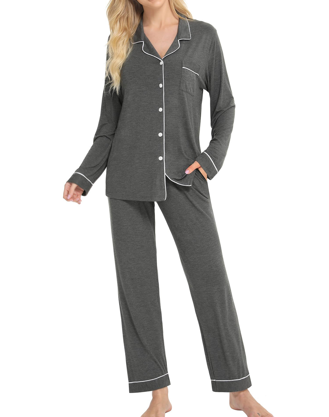 SWOMOG Womens Pajamas Set Long Sleeve Sleepwear Button Down Nightwear Soft Cotton Pj Lounge Sets
