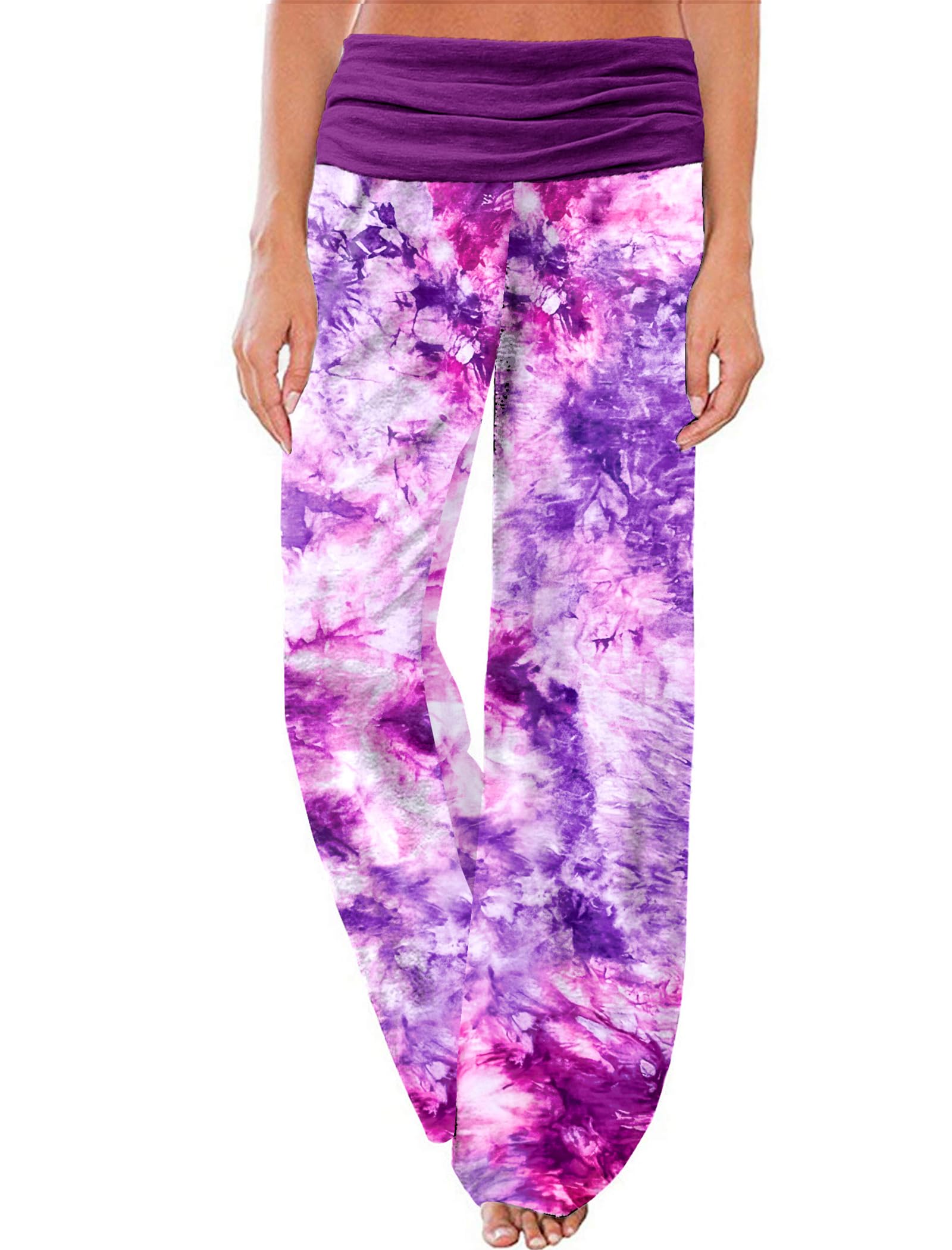 Gracyoga Women's Comfy Pajama Pants Wide Leg Lounge Palazzo Yoga Pants Stretch Casual Floral Print Fold Waist Pants