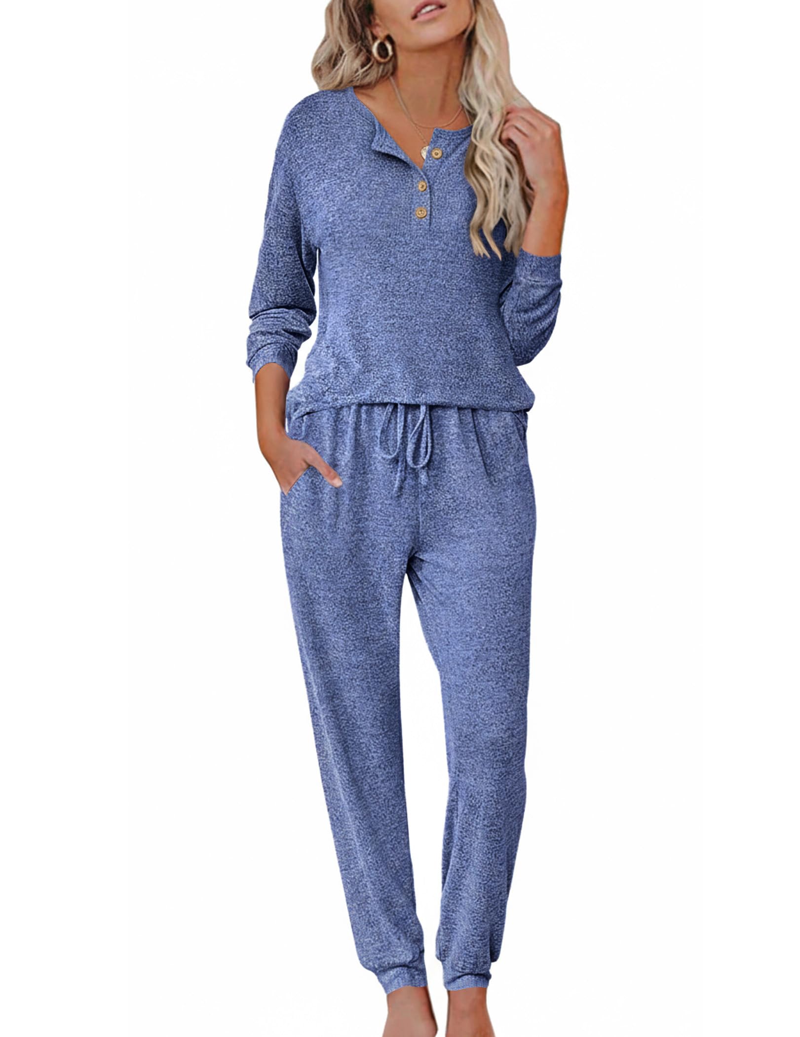 Ekouaer Womens Pajama Sets Long Sleeve Lounge Set 2 Piece Pj Sets for Women Henley Neck Casual Sleepwear Loungewear S-XXL