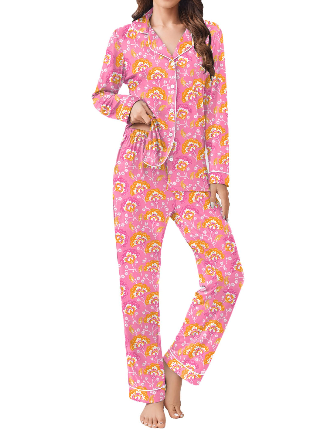 Ekouaer Womens Pajamas Set 2 Piece Button Down Pjs Soft Long Sleeve Top and Pants Sleepwear Set Lounge Sets