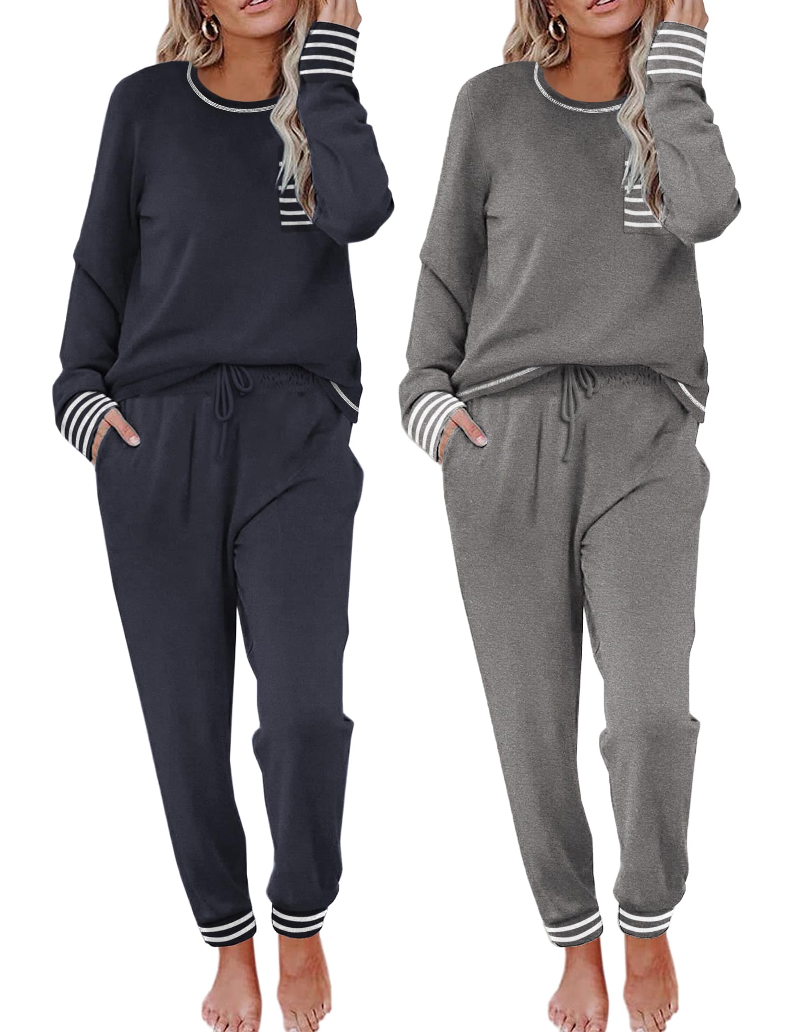 Ekouaer 2 Pack Womens Pajama Sets Long Sleeve Lounge Sets Soft Pj Sleepwear Loungewear