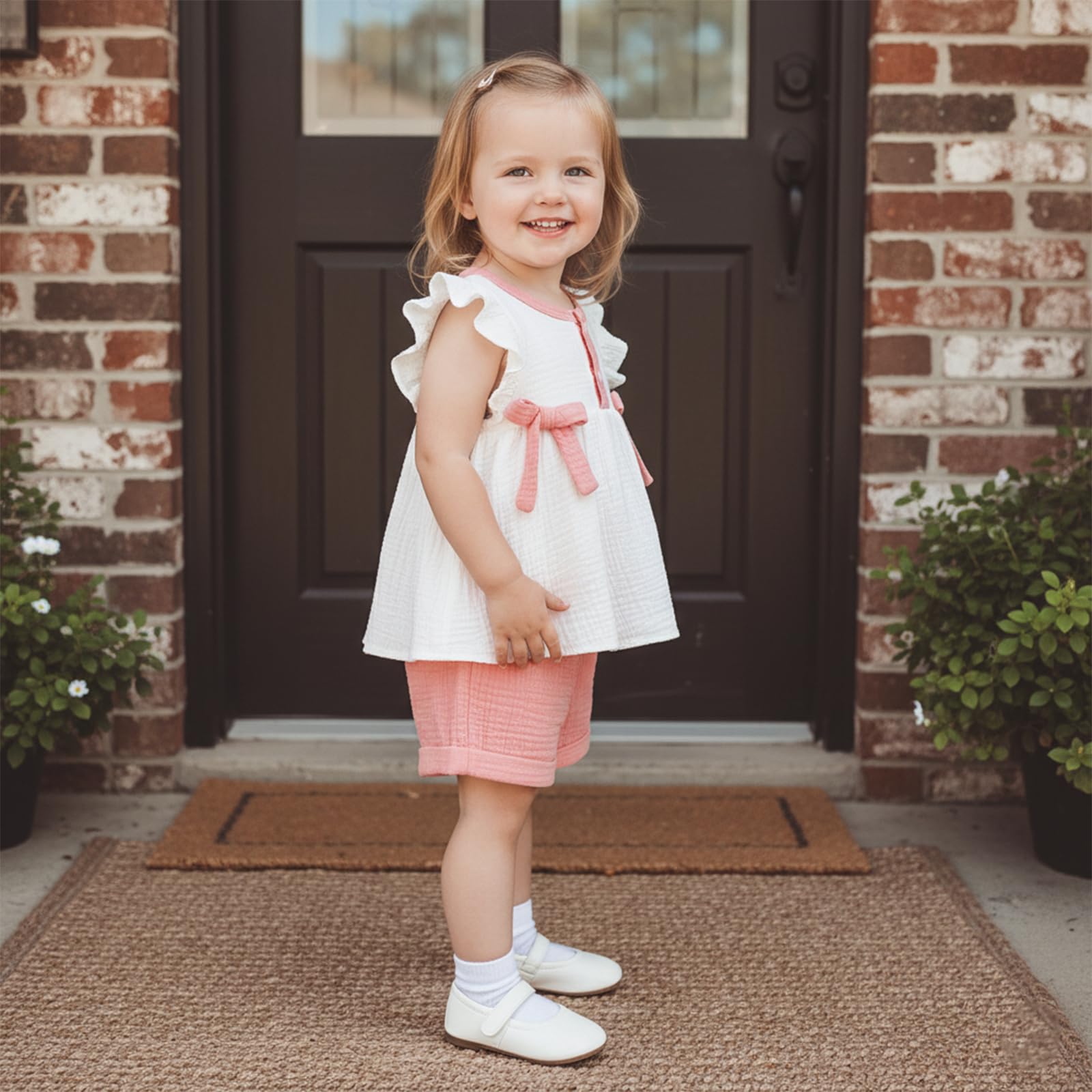 Amnnchya Toddler Girl Clothes Baby Summer Spring Outfits Cute Bow Button Smocked Ruffle Sleeve Tops ＋ Girls Shorts Set WEBE CLOTHING