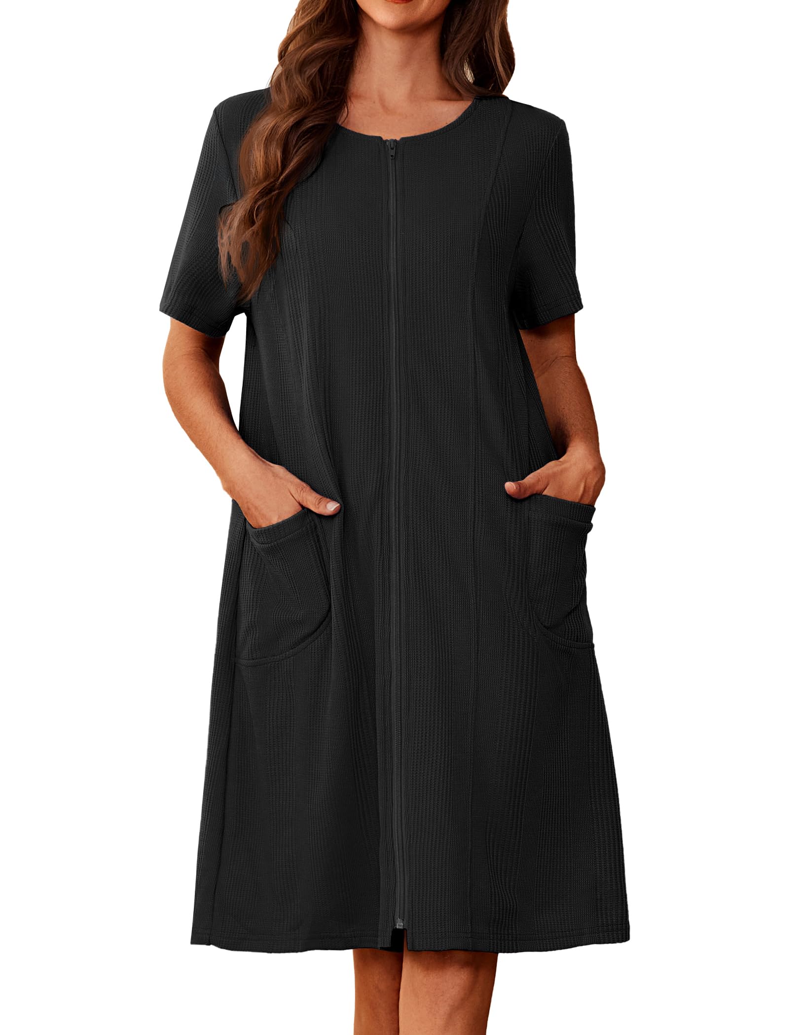 Ekouaer Zipper Robes for Women Short Sleeve Waffle Knit Bathrobe Lightweight House Coat with Pockets Soft Loungwear