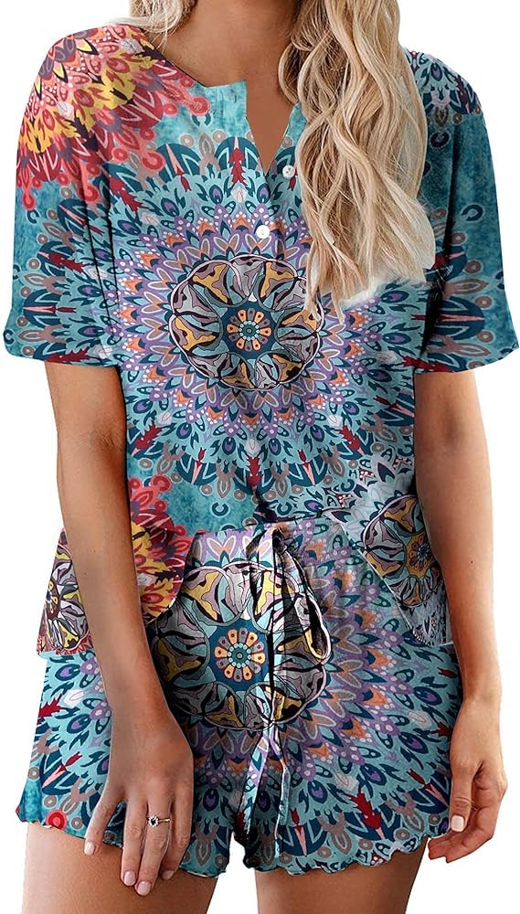 Ekouaer Pajamas Set for Women Short Sleeve Lounge Set 2 Piece Loungewear PJs Soft Cute Lightweight Sleepwear WEBE CLOTHING