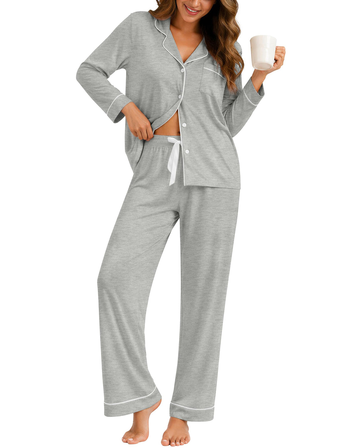 ZMJ Womens Pajamas Sets 2 Piece Long Sleeve and Pant Pj Sets Button Up Sleepwear
