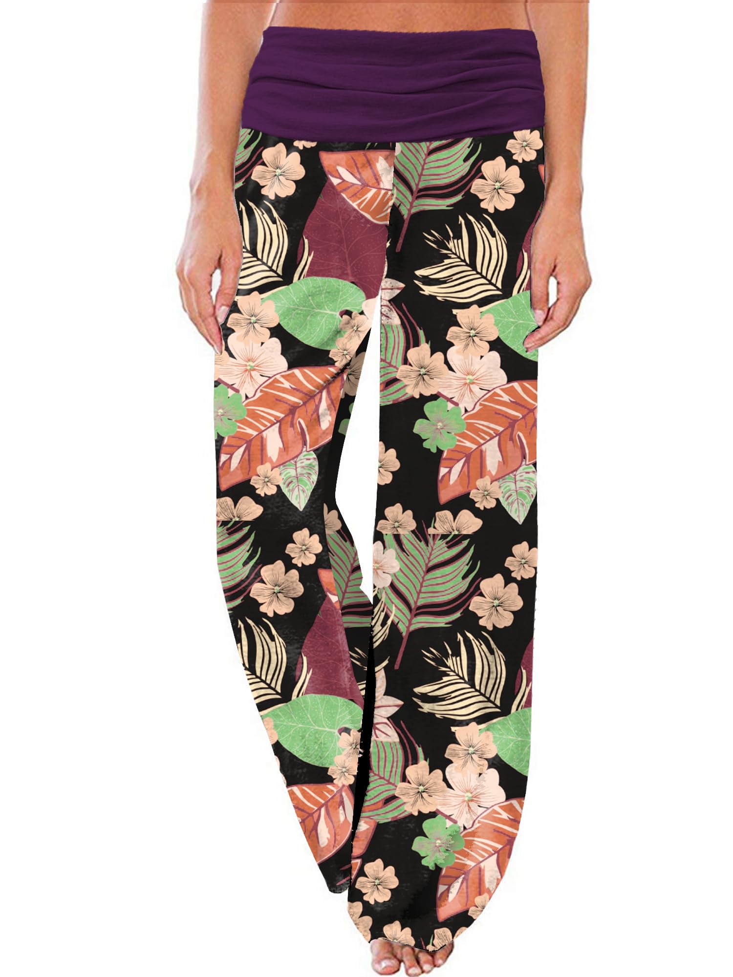 Gracyoga Women's Comfy Pajama Pants Wide Leg Lounge Palazzo Yoga Pants Stretch Casual Floral Print Fold Waist Pants