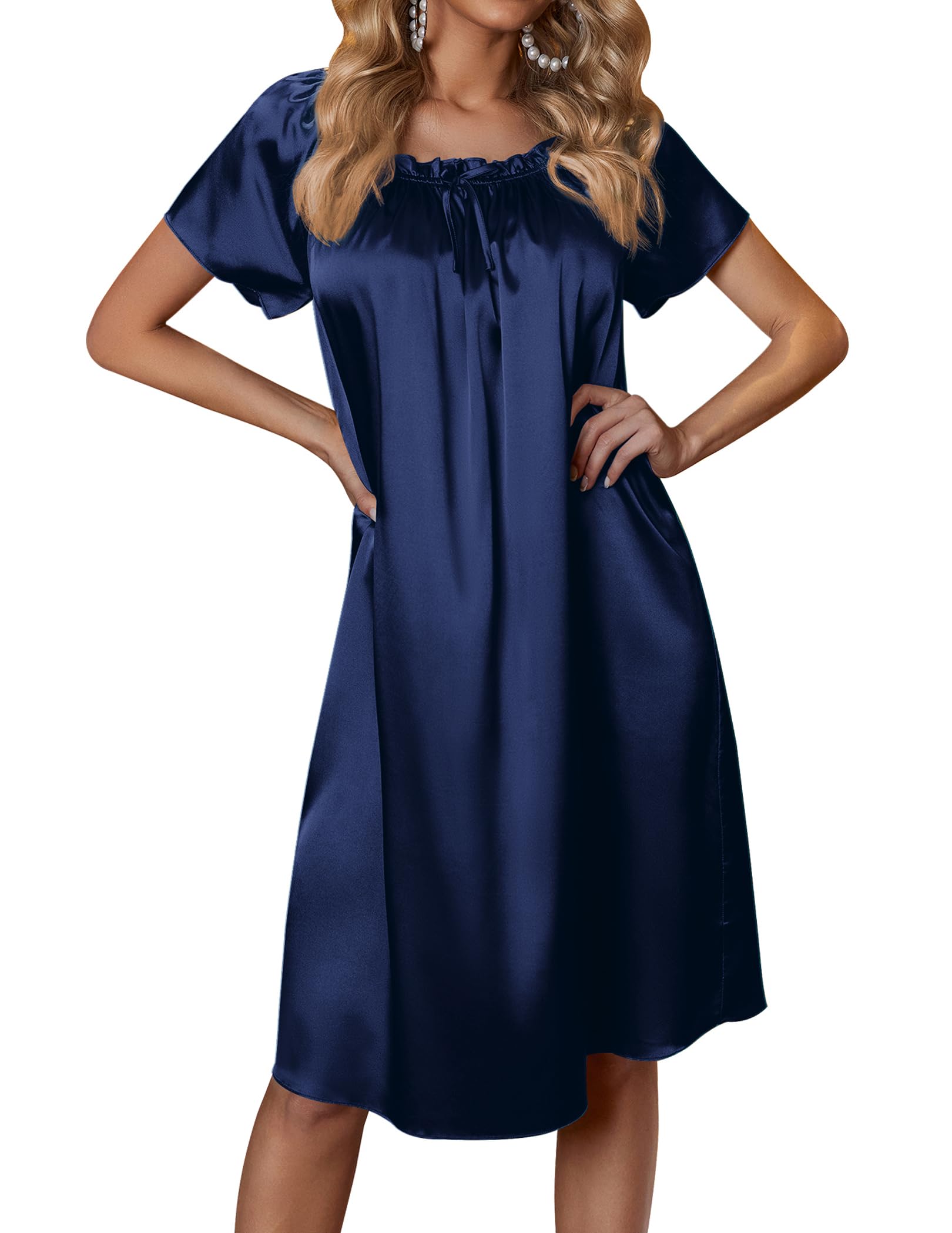 Ekouaer Women's Satin Silk Pleated Nightgown Loose Sleepwear Printed Nightshirt Short Sleeve Sleep Dress WEBE CLOTHING
