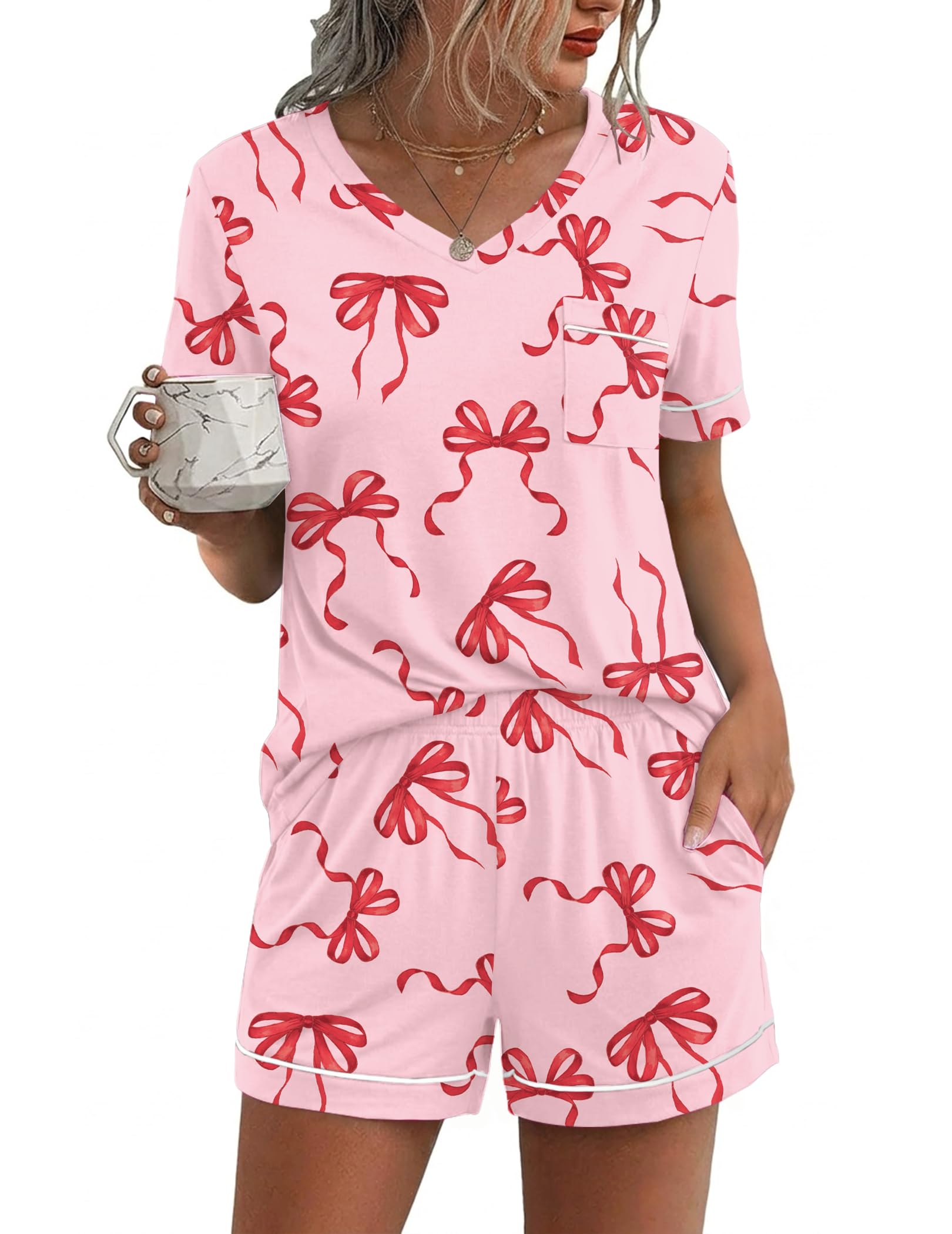 Ekouaer Pajamas for Women Set 2 Piece Short Sleeve Sleepwear Summer Tops and Shorts Pjs Lounge Set S-XXL