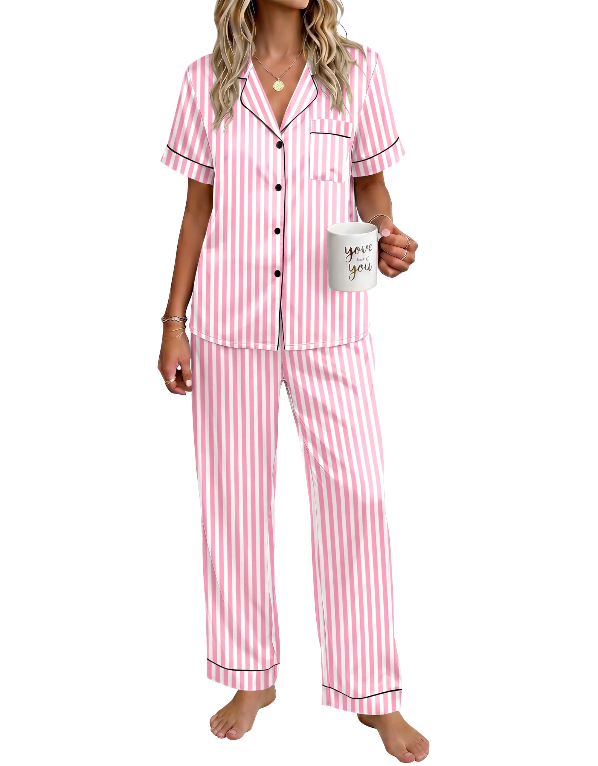 Ekouaer Womens Silky Satin Pajamas Set Short Sleeve Button Down Sleepwear 2 Piece Lounge Set Pj Set WEBE CLOTHING