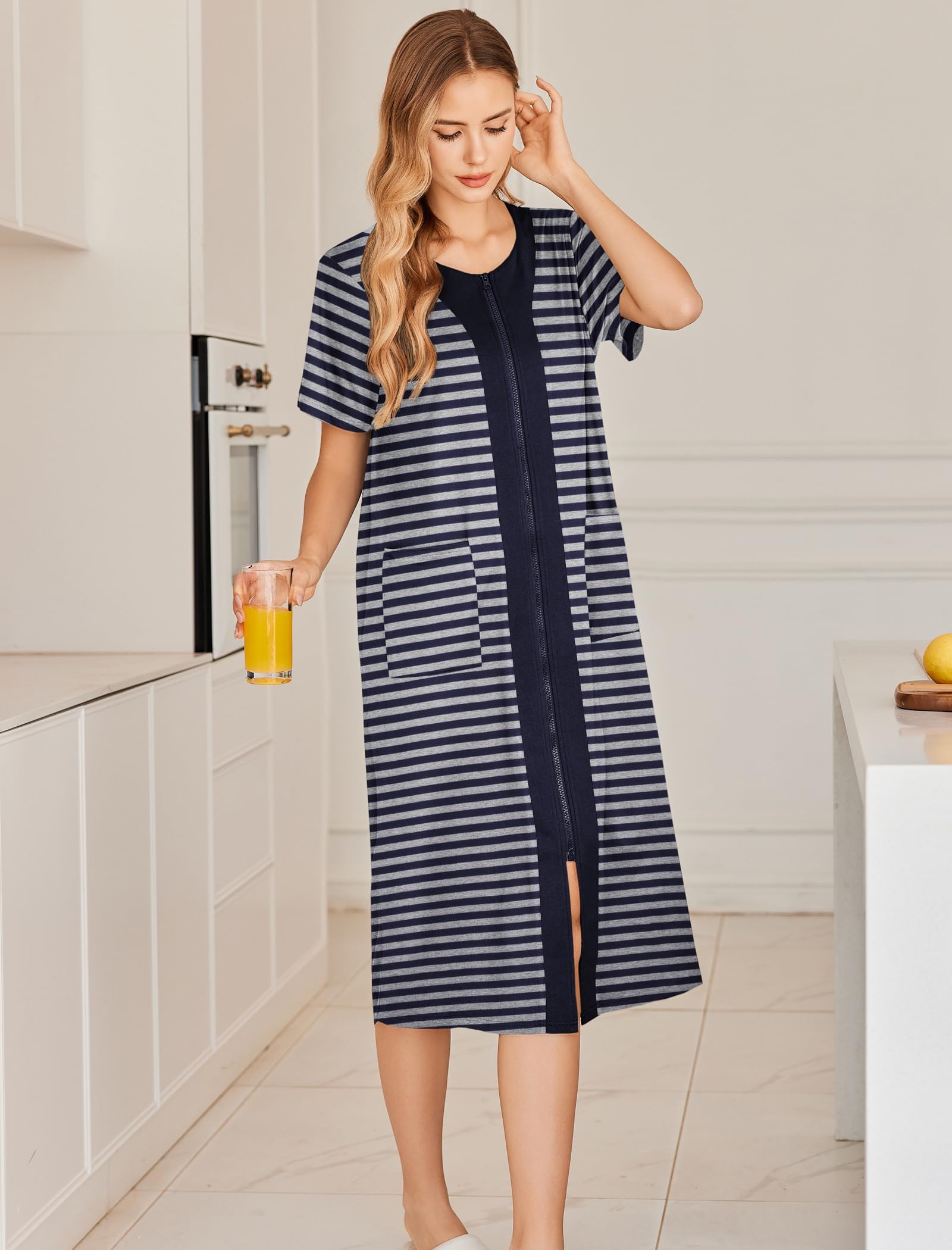 Ekouaer Robes For Women Zipper Bathrobe Short Sleeve Duster With Pockets | Zipper Front House Coat, Lightweight Sleepwear, Plus Size Loungewear, Ladies Nightgown for Mother, Postoperative Gown, Sleep