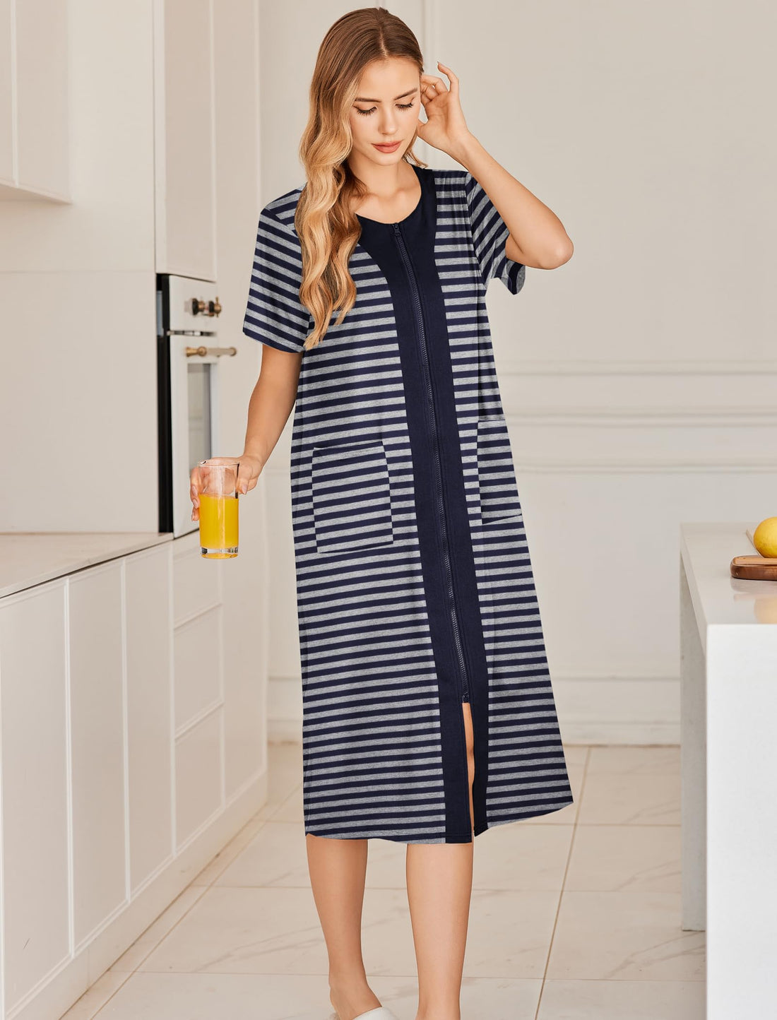 Ekouaer Robes For Women Zipper Bathrobe Short Sleeve Duster With Pockets | Zipper Front House Coat, Lightweight Sleepwear, Plus Size Loungewear, Ladies Nightgown for Mother, Postoperative Gown, Sleep